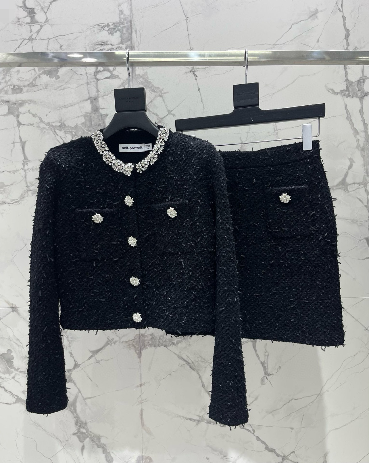 Юбка женская в стиле Self-Portrait с кристаллами, чёрного цвета