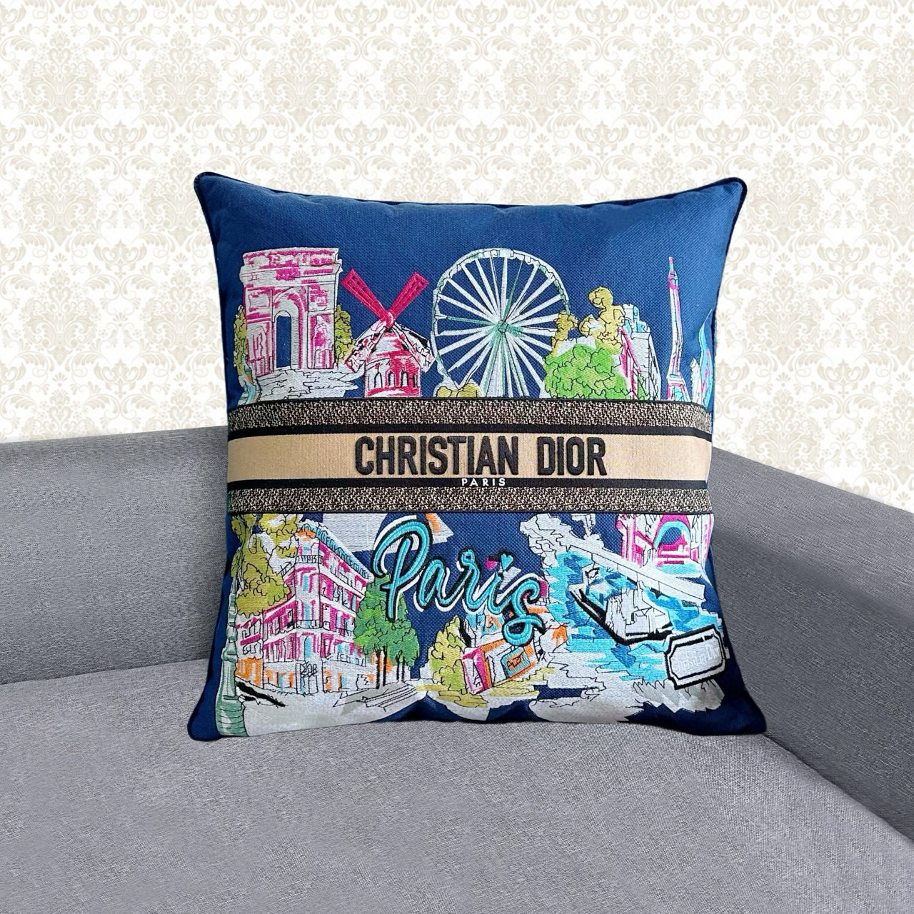 Подушка декоративная в стиле Dior Souvenir Paris с вышивкой и картографическим принтом, 50×50 см