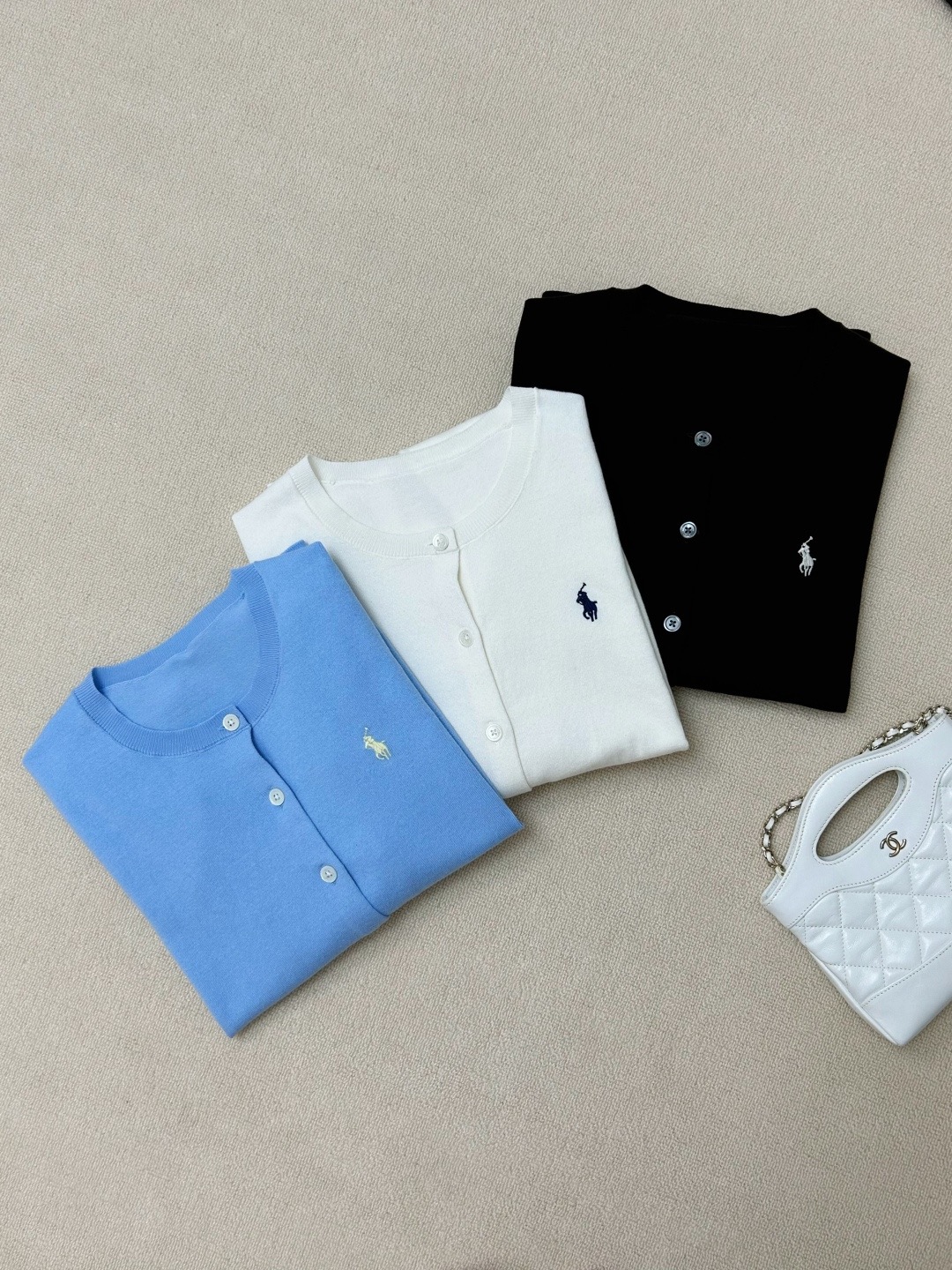 Кардиган женский  Ralph Lauren в голубом, белом и тёмно-коричневом цветах с вышитым логотипом