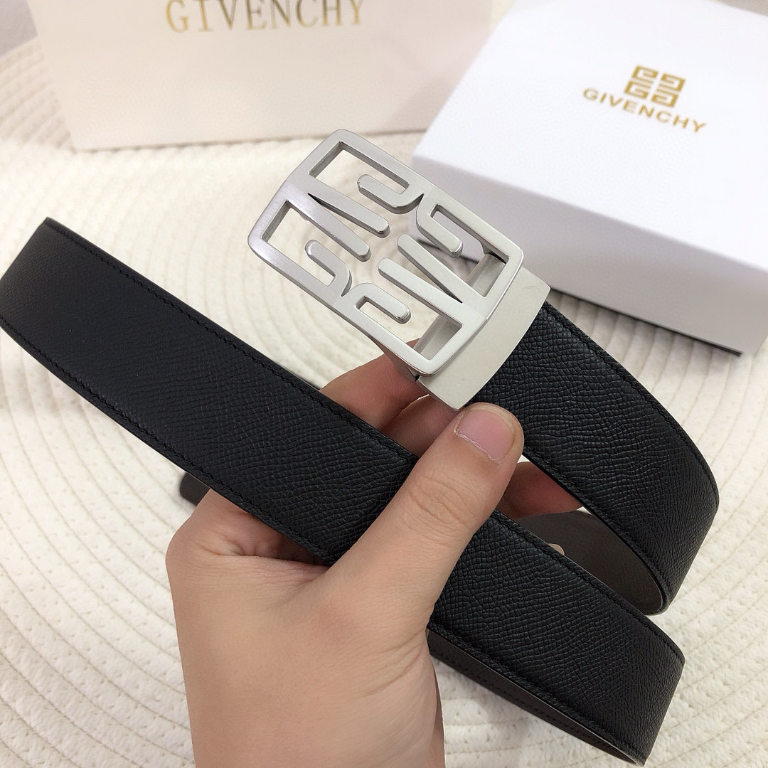 Ремень мужской двусторонний в стиле Givenchy 4G из натуральной кожи чёрного и коричневого цвета с серебристой пряжкой шириной 3.4 см