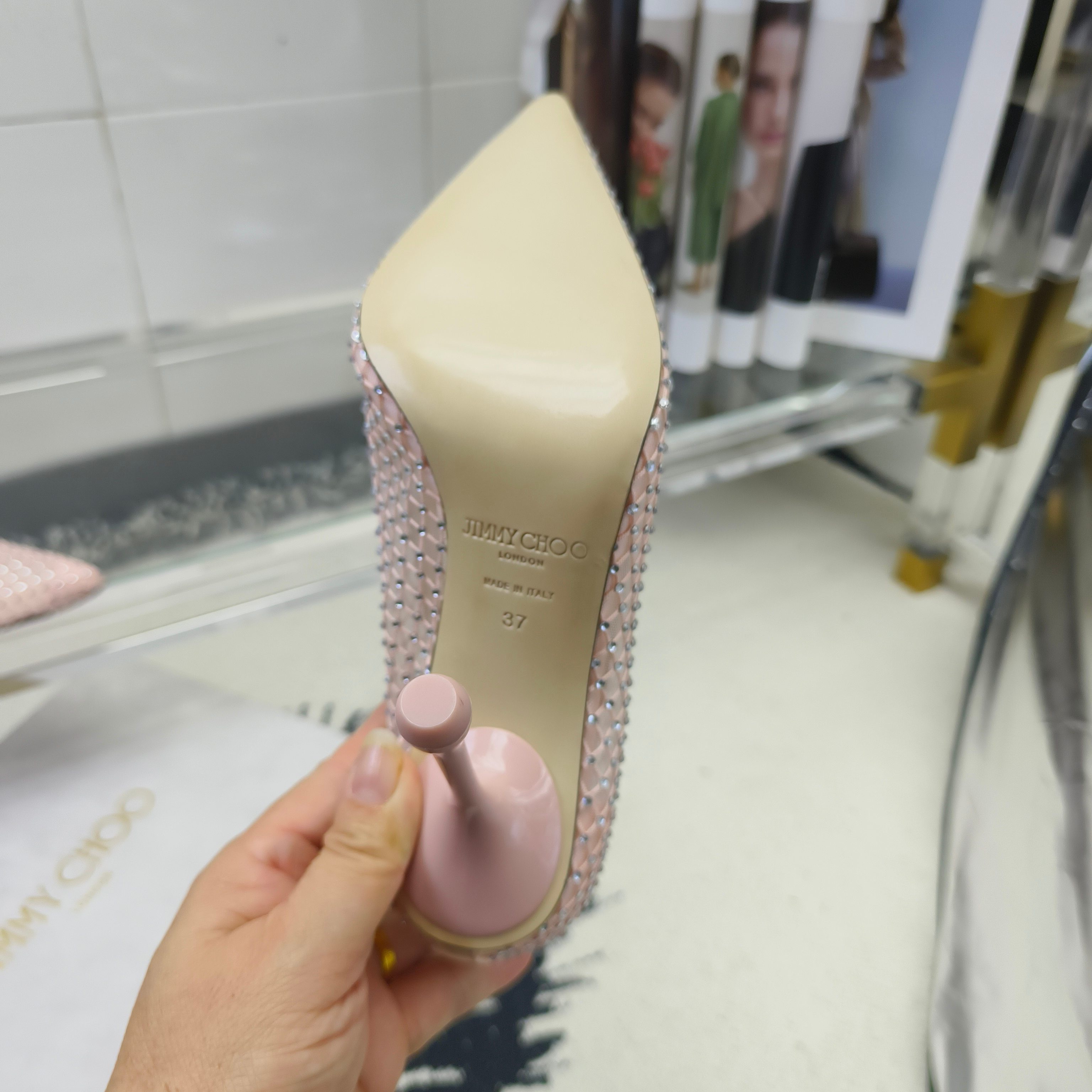 Туфли женские в стиле Jimmy Choo из текстиля с кристаллами розового цвета