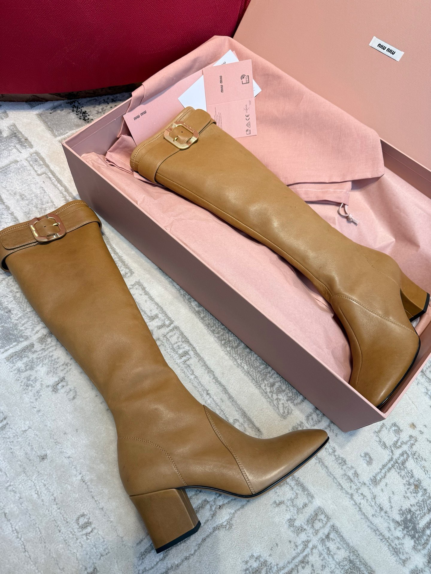 Сапоги женские Miu Miu Nappa Leather Boots with Buckle светло-коричневого цвета