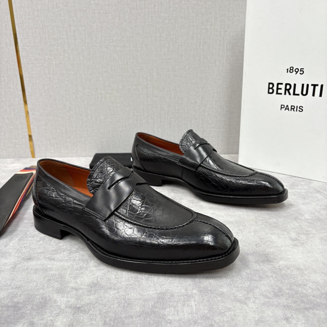 Лоферы мужские в стиле Berluti пенни из натуральной кожи черного цвета