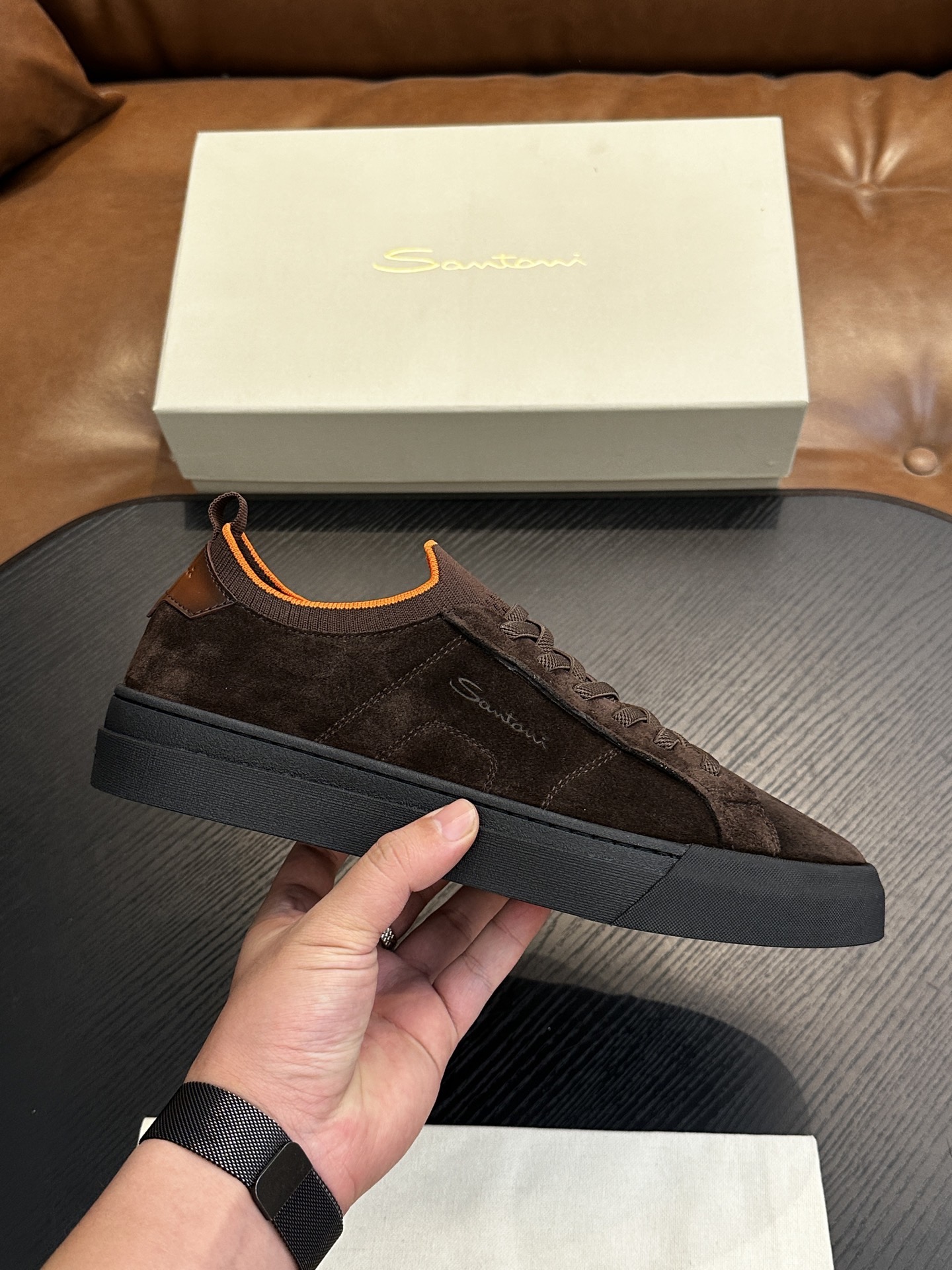 Кроссовки мужские в стиле Santoni из натуральной зернистой кожи коричневого цвета