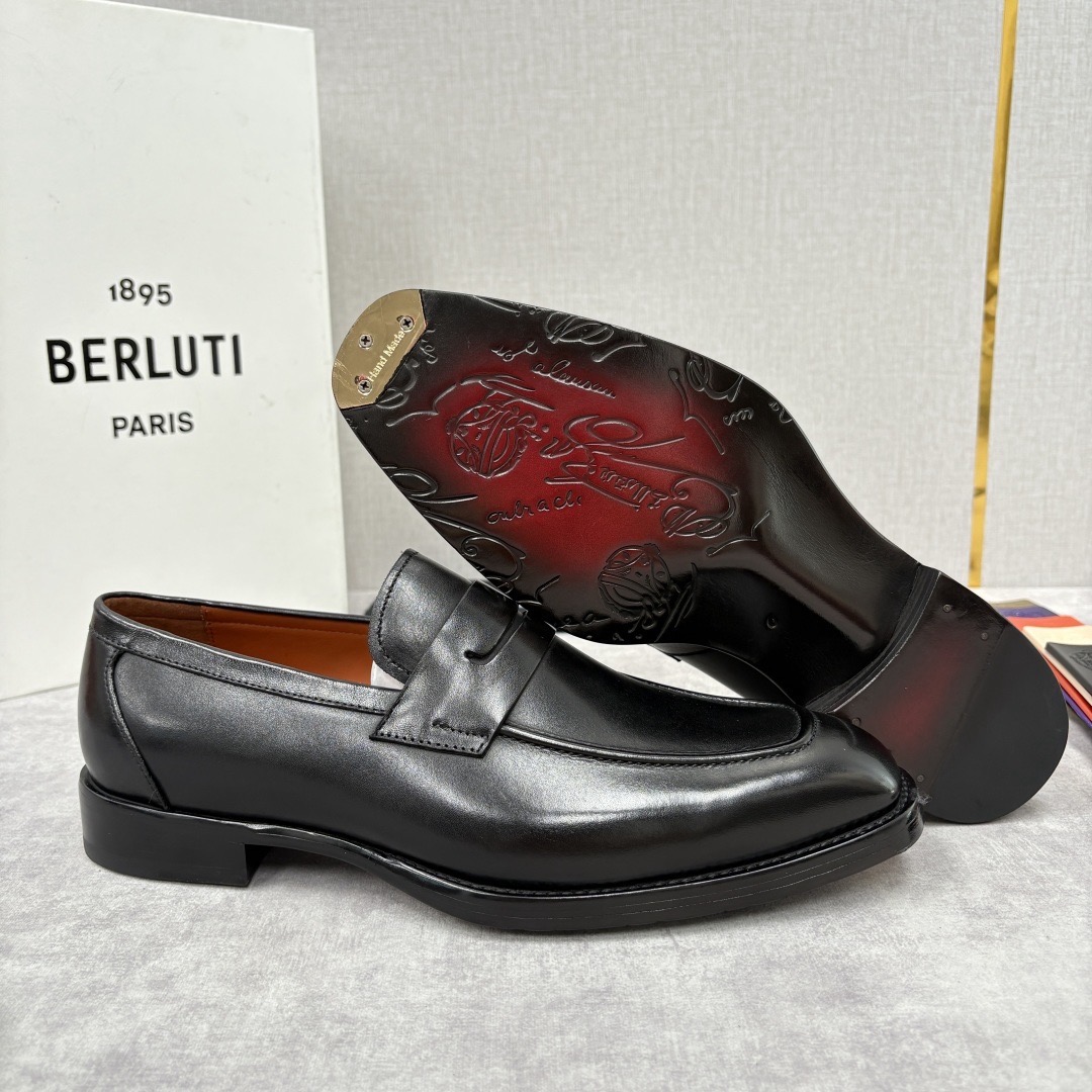 Лоферы мужские в стиле Berluti пенни из натуральной кожи черного цвета