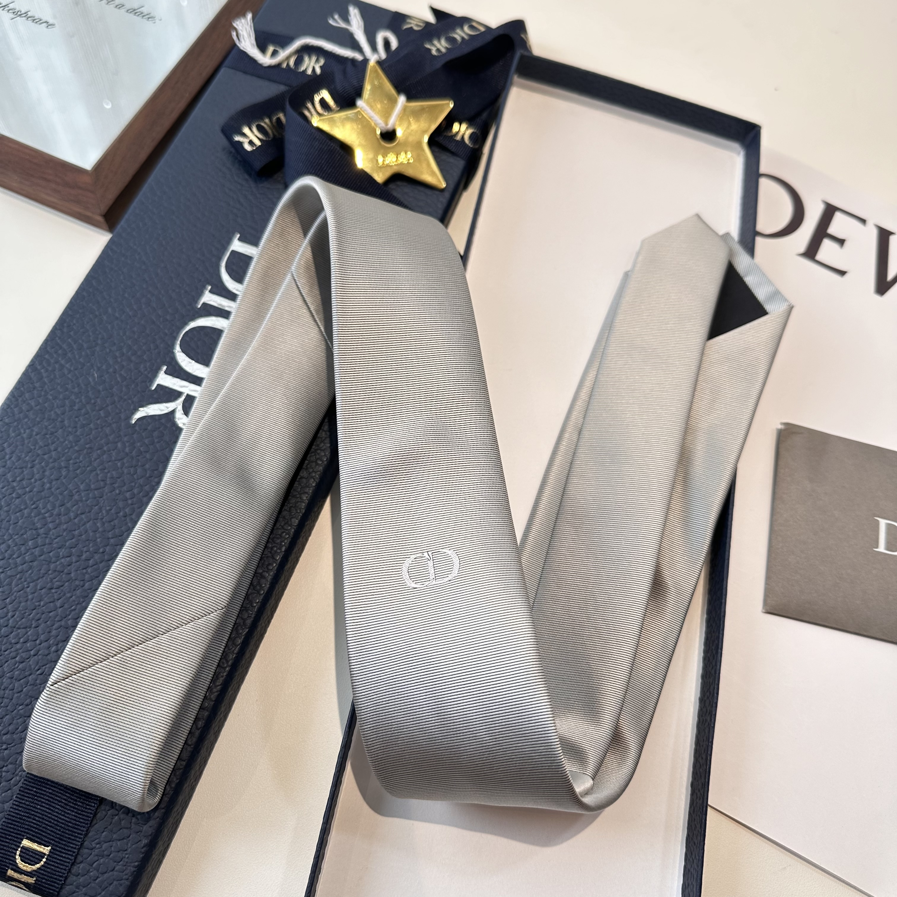 Галстук мужской в стиле Dior серого цвета с вышивкой логотипа