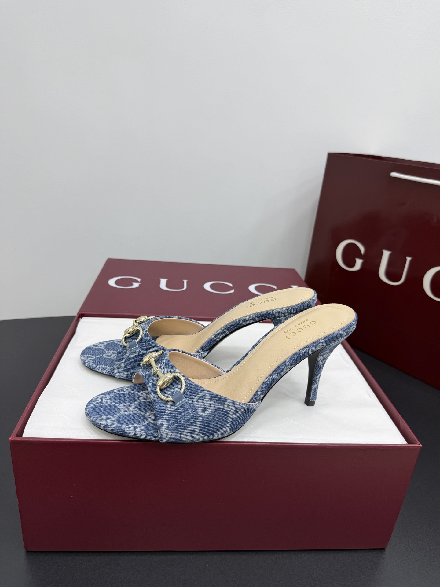 Мюли женские в стиле Gucci Horsebit синего цвета