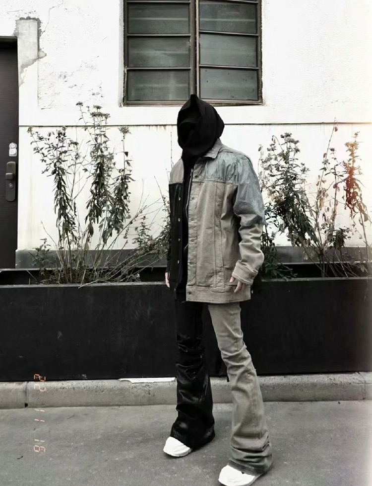 Куртка унисекс в стиле Rick Owens DRKSHDW из комбинированных материалов с эффектом состаривания