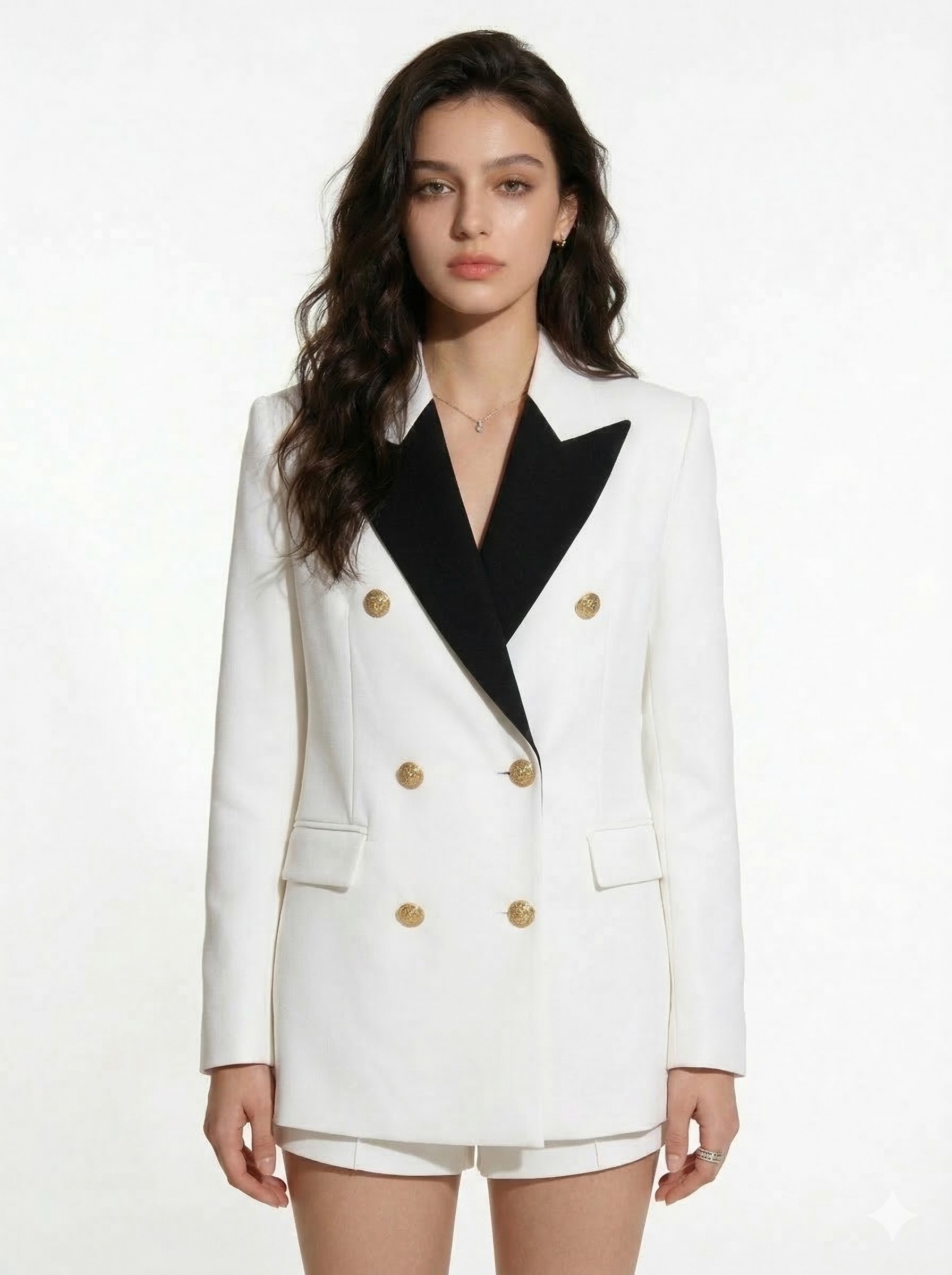 Пиджак женский в стиле Louis Vuitton тёмно-синего цвета с контрастным лацканом и золотыми пуговицами