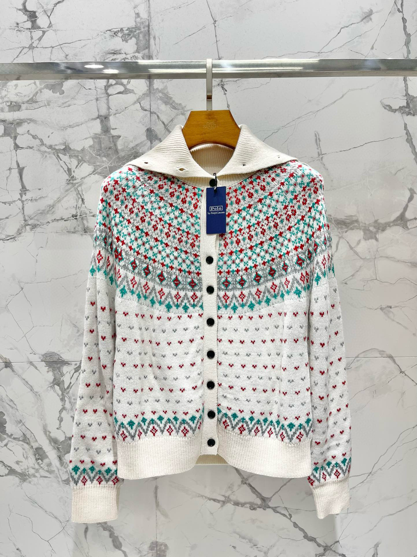 Кардиган женский в стиле Ralph Lauren с узором Fair Isle белого цвета