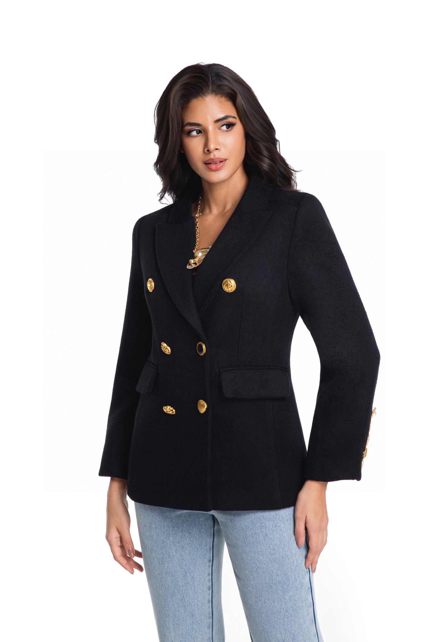 Пальто укороченное женское в стиле Schiaparelli  из шерсти с золотыми пуговицами чёрного цвета