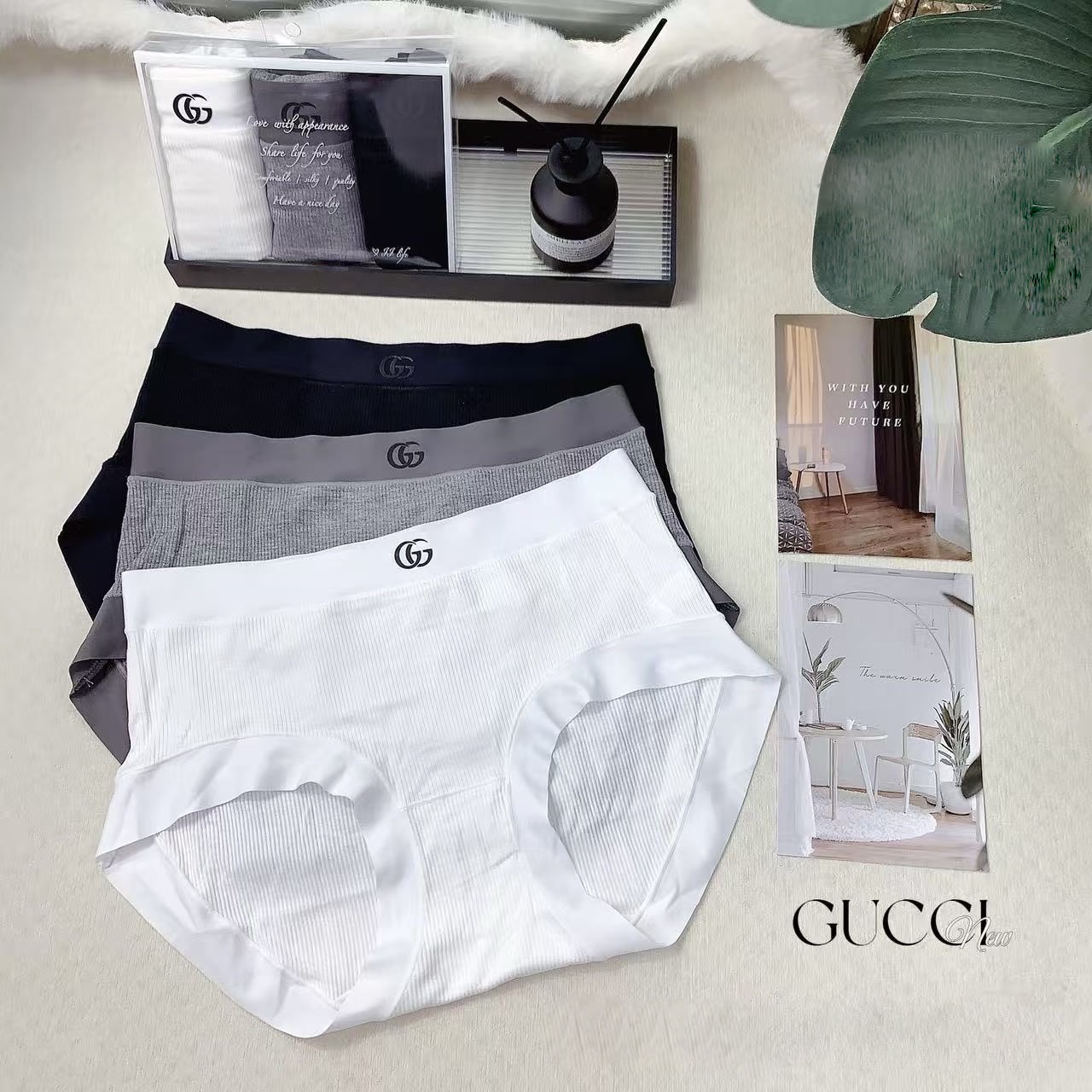 Трусы женские в стиле Gucci из хлопка и эластана в базовых цветах (набор 3 шт.)