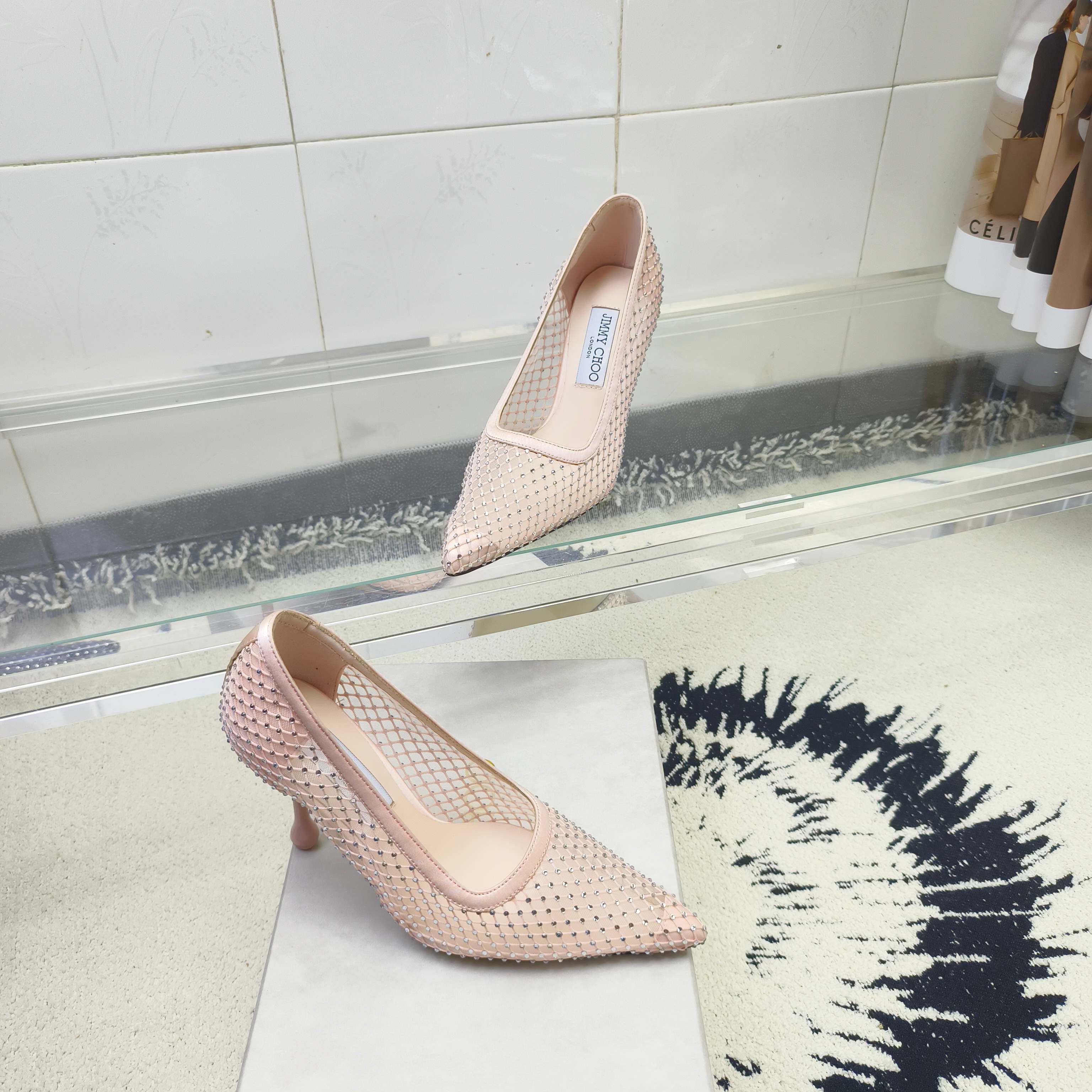 Туфли женские в стиле Jimmy Choo из текстиля с кристаллами розового цвета