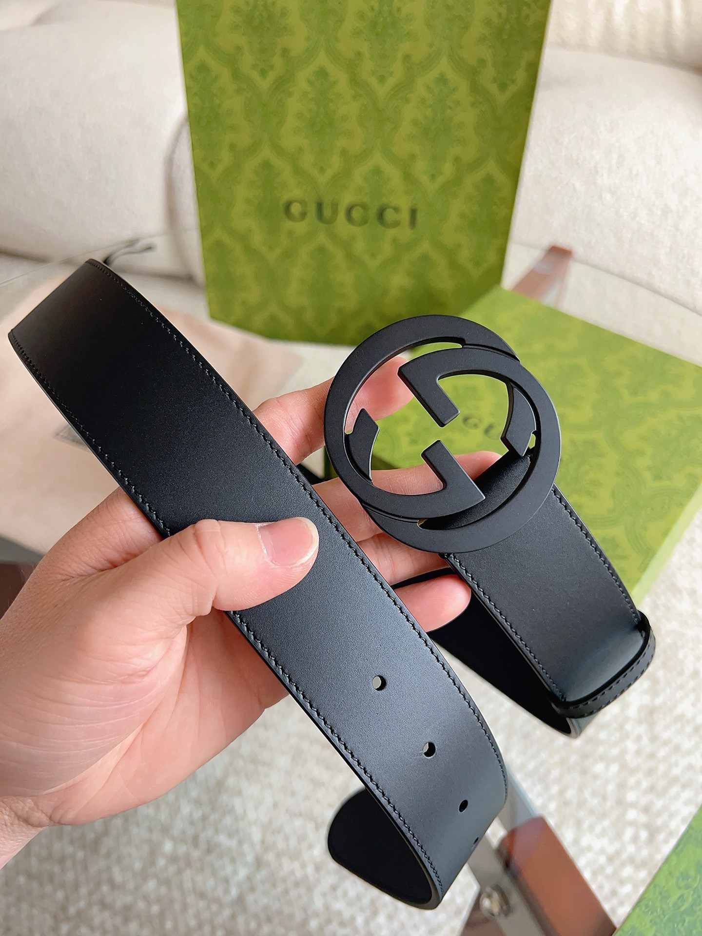 Ремень мужской Gucci GG Marmont синего цвета матовой пряжкой