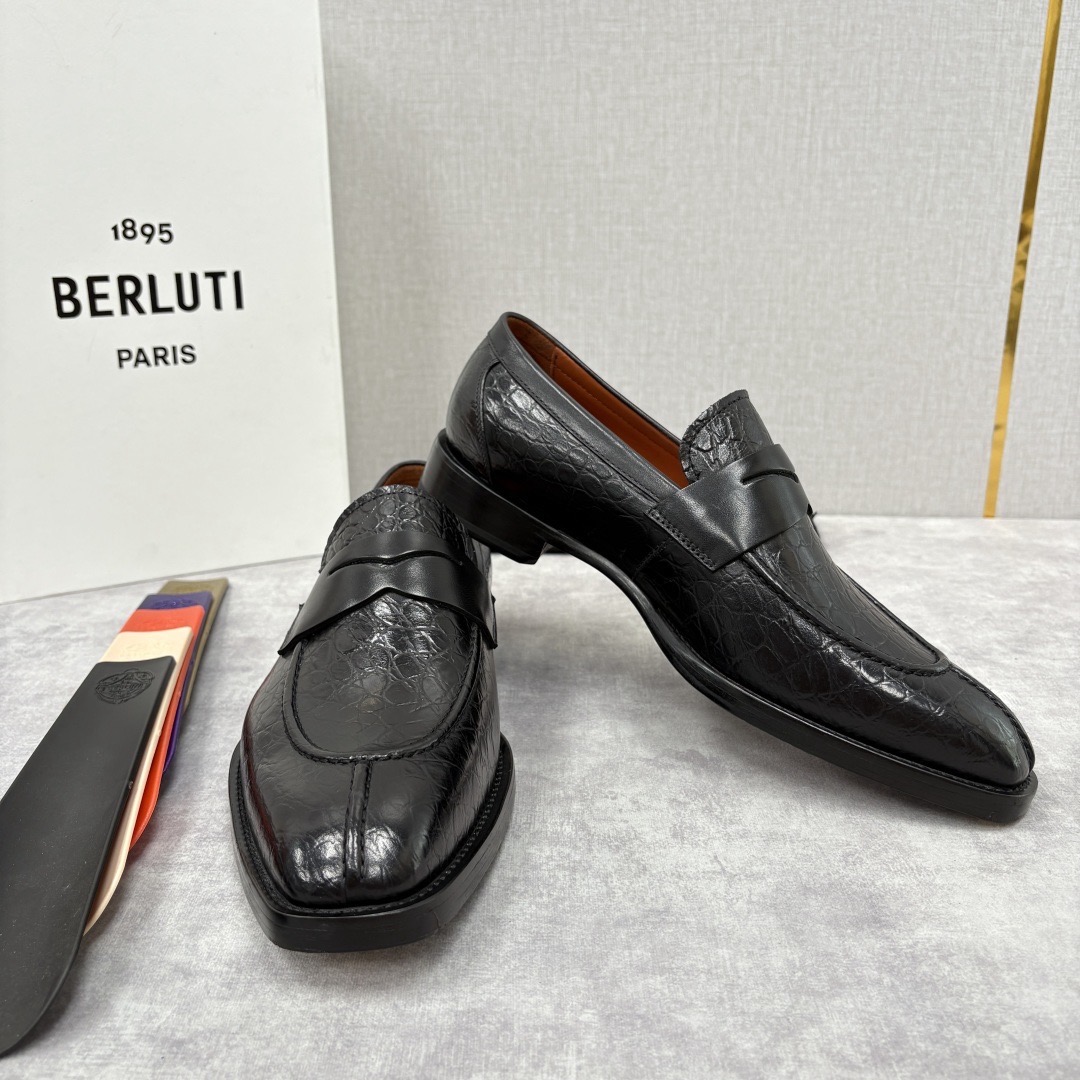 Лоферы мужские в стиле Berluti пенни из натуральной кожи черного цвета
