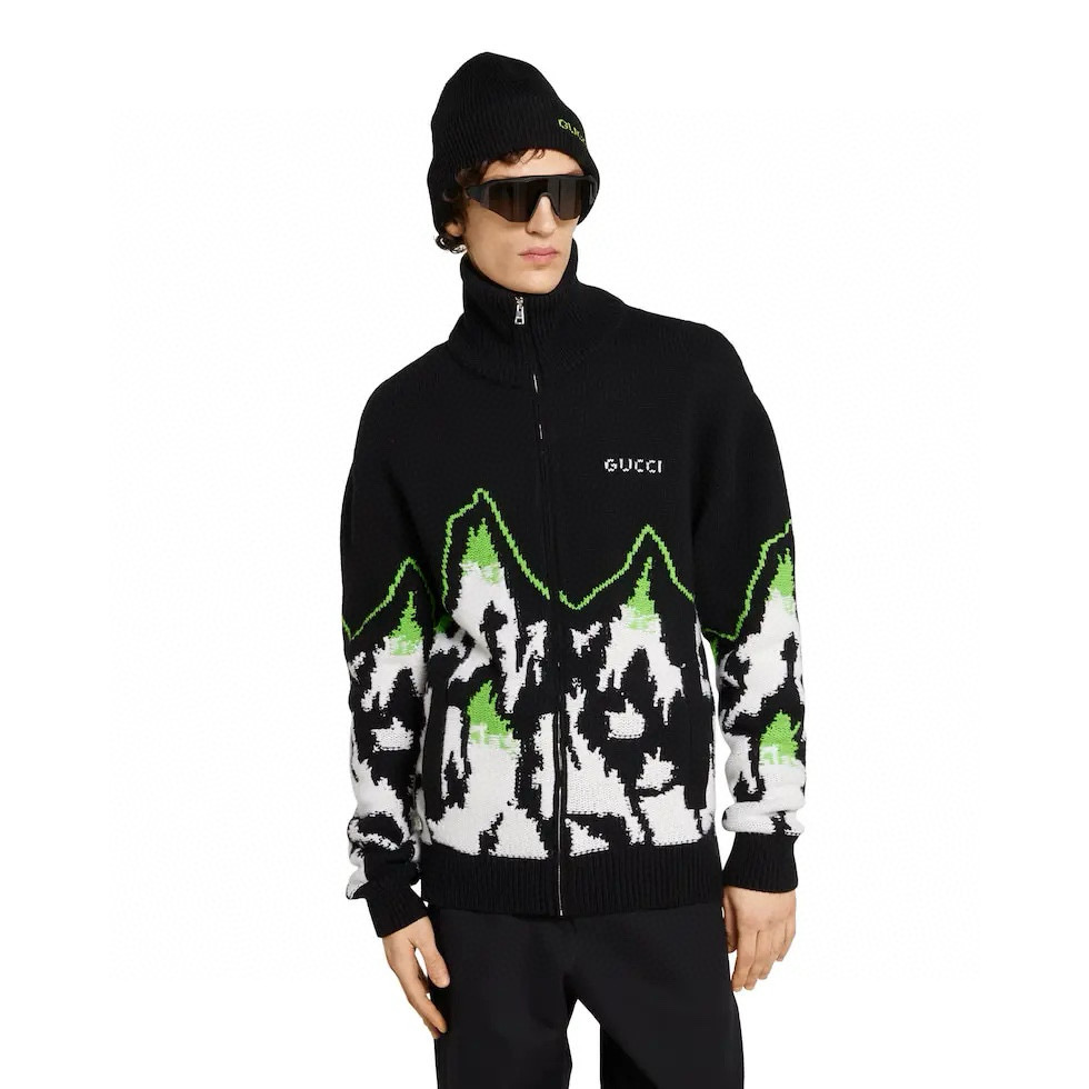 Куртка вязаная мужская в стиле Gucci из шерстяного трикотажа чёрно-белого цвета с жаккардовым узором