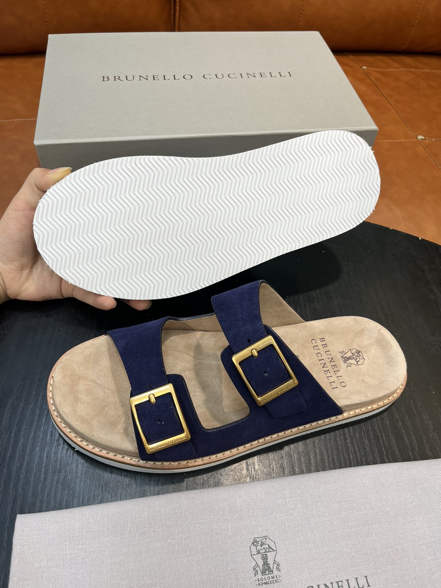 Сандалии мужские в стиле Brunello Cucinelli тёмно-синего цвета