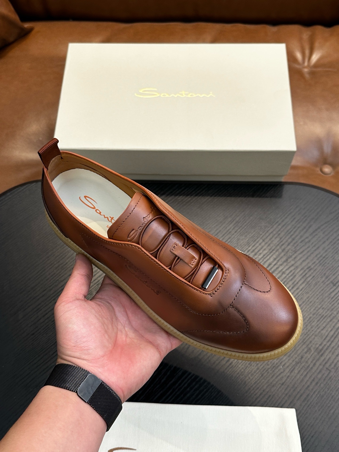 Кеды мужские в стиле Santoni из натуральной кожи коричневого цвета