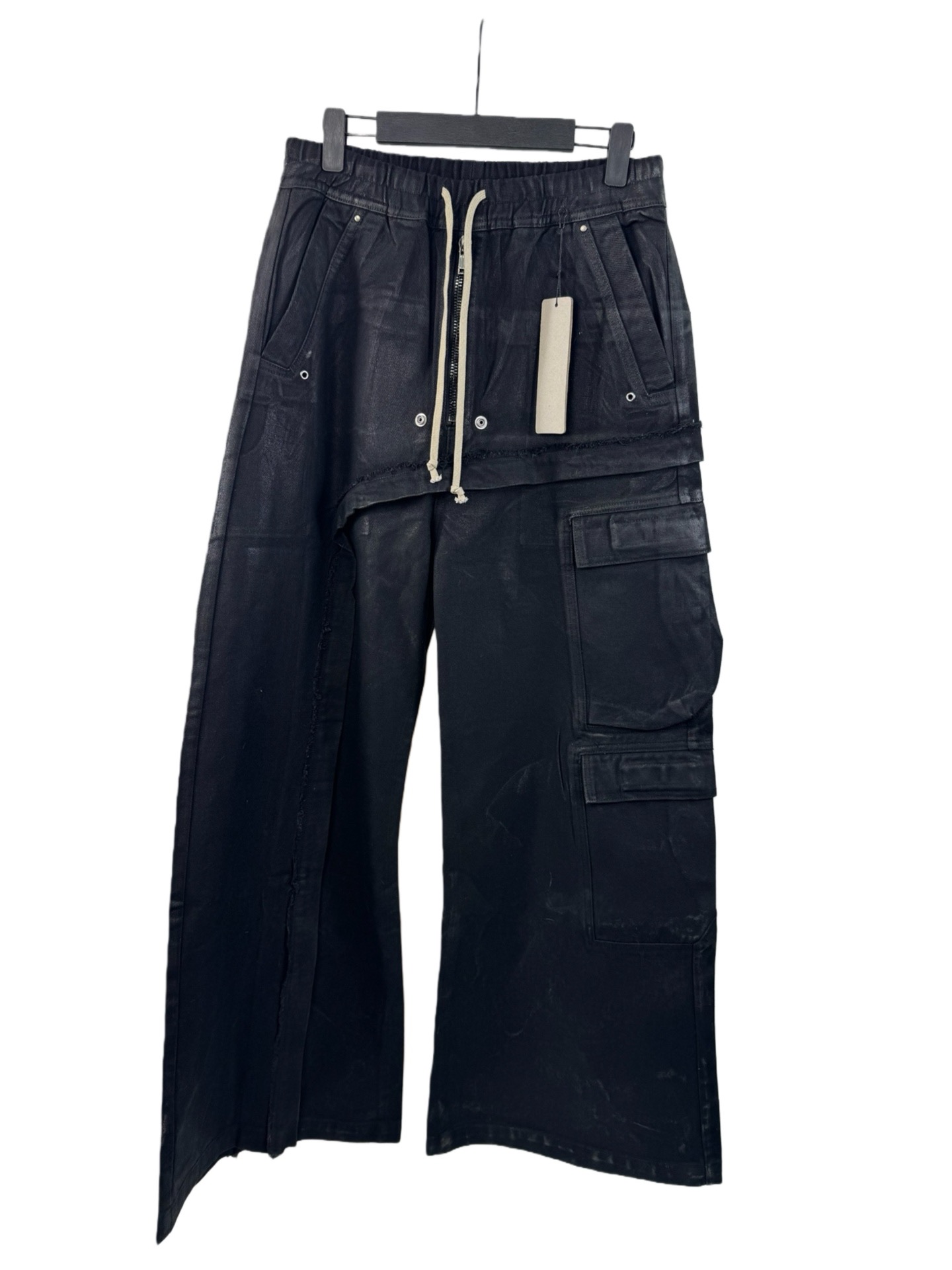 Брюки унисекс в стиле Rick Owens DRKSHDW Hollywood Imbalanced Double Cargo Jumbo Belas тёмно-графитового цвета 