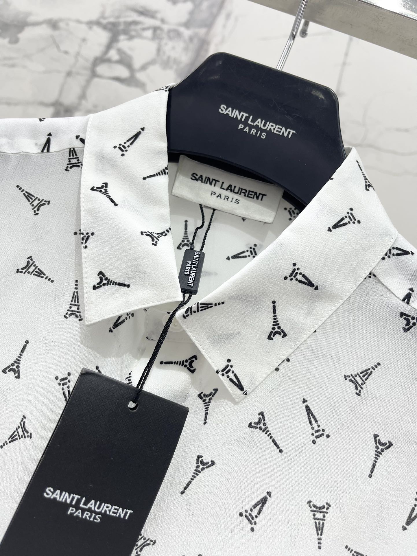 Рубашка женская в стиле Saint Laurent белого цвета с принтом Eiffel Tower