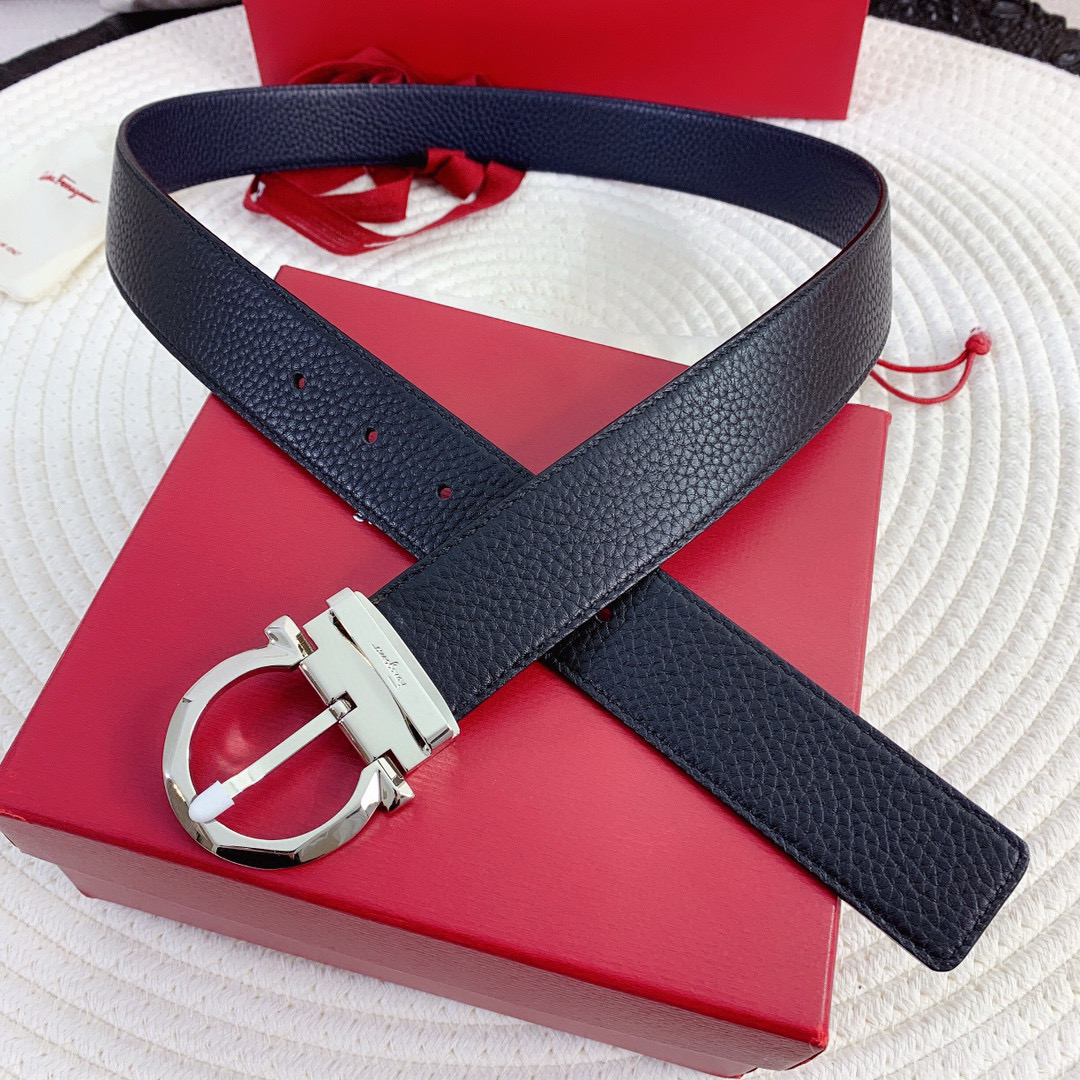 Ремень мужской в стиле Salvatore Ferragamo Gancini из натуральной кожи тёмно-синего цвета