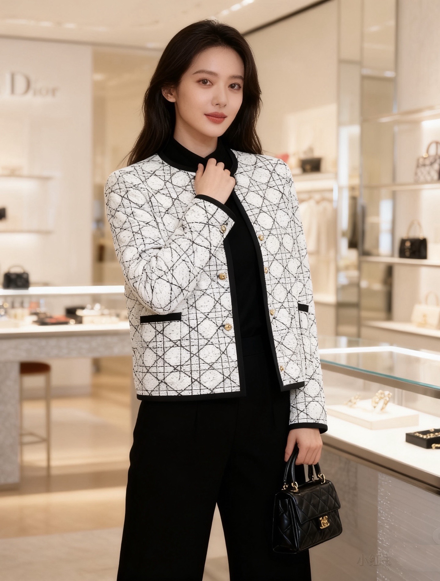 Жакет женский в стиле Christian Dior укороченный с логотипным узором и контрастной отделкой