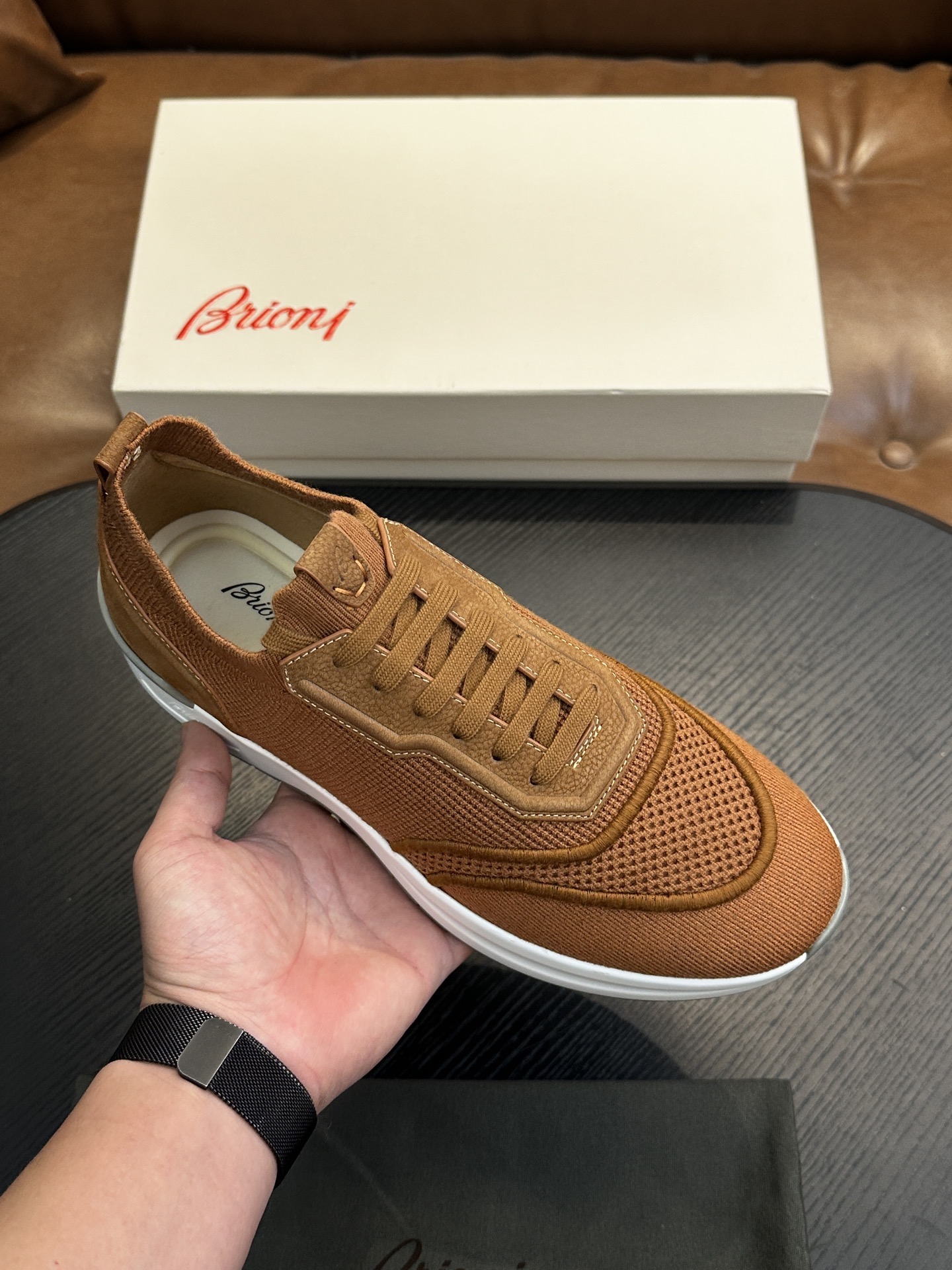 Кроссовки мужские в стиле Brioni коньячного цвета