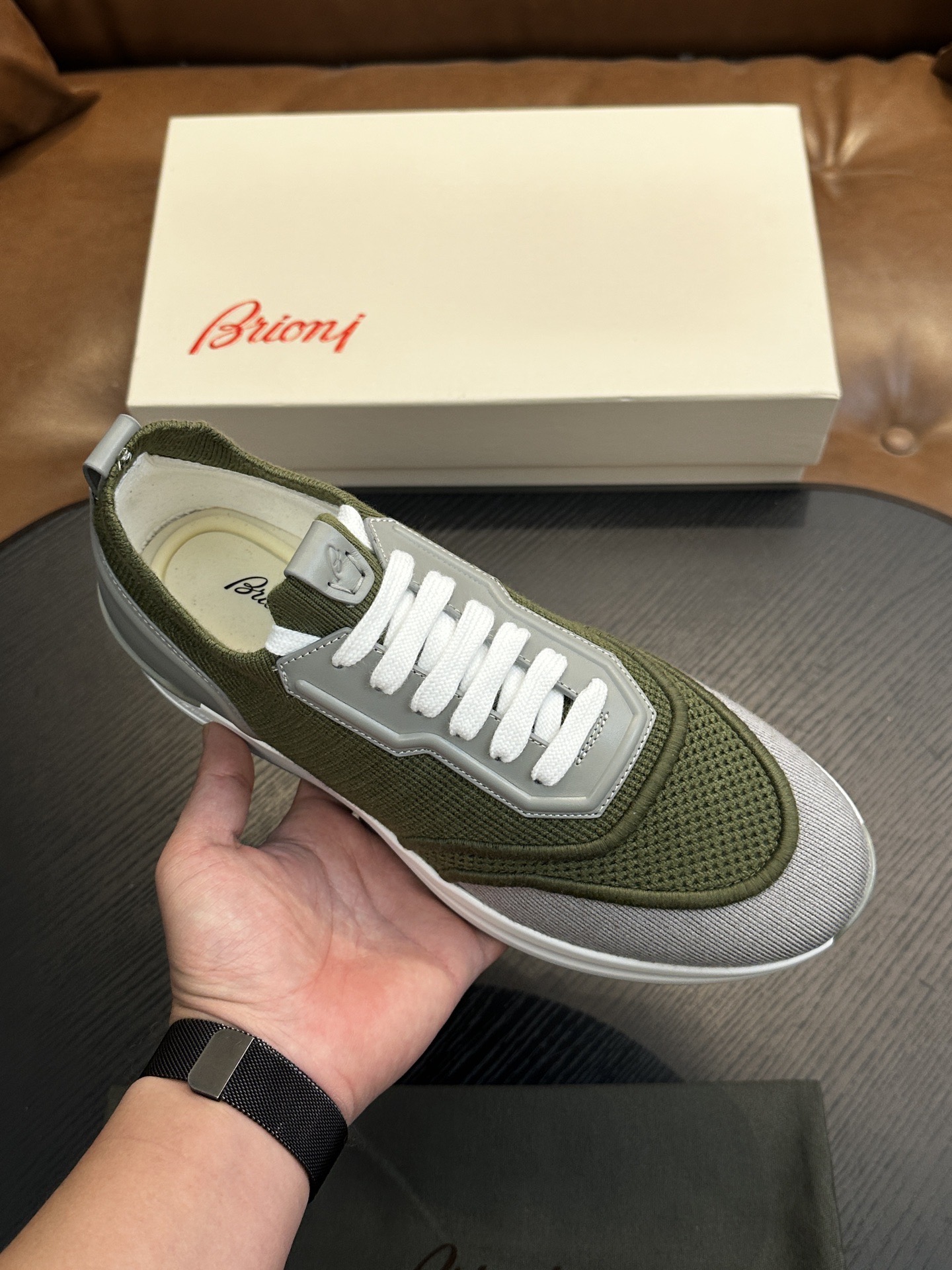 Кроссовки мужские в стиле Brioni оливково-зелёного цвета