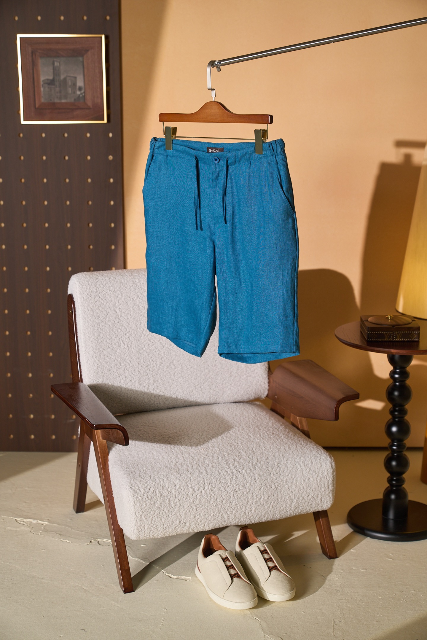 Шорты мужские в стиле Loro Piana Nolan Bermuda голубого цвета с кулиской