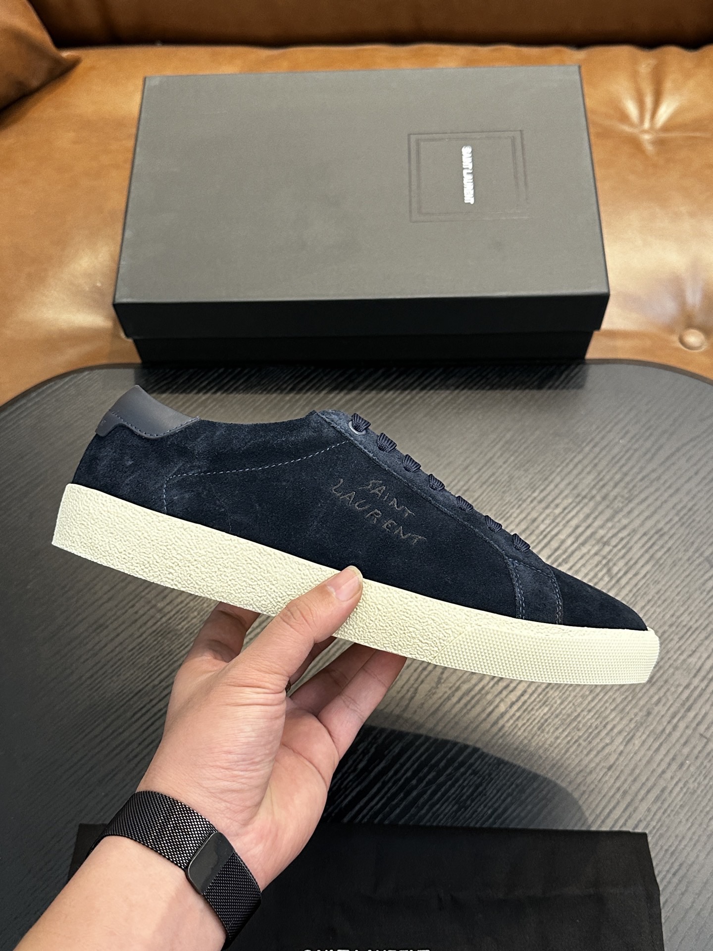 Кроссовки мужские в стиле Saint Laurent SL/61 из натуральной замши темно-синего цвета