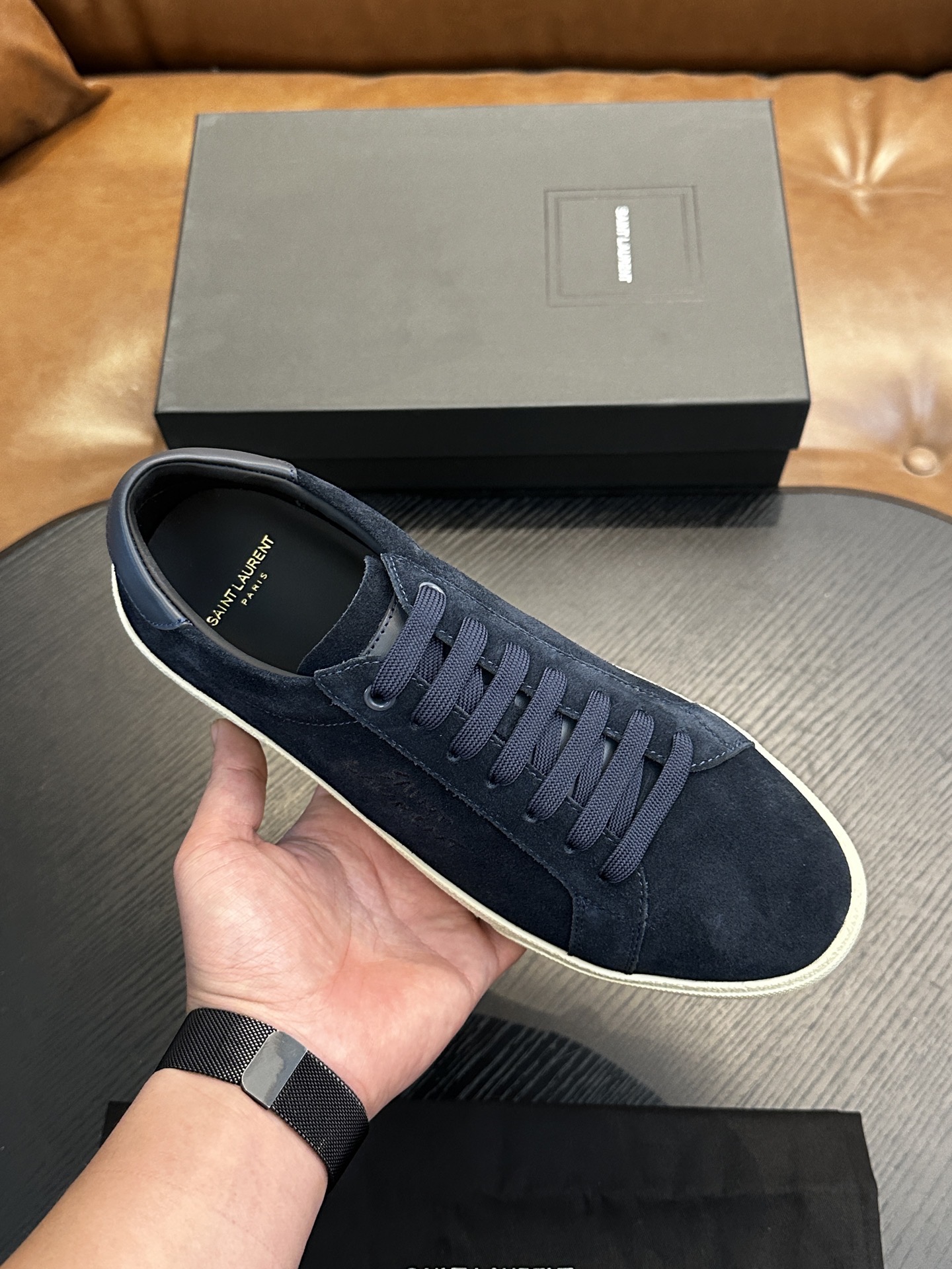 Кроссовки мужские в стиле Saint Laurent SL/61 из натуральной замши темно-синего цвета