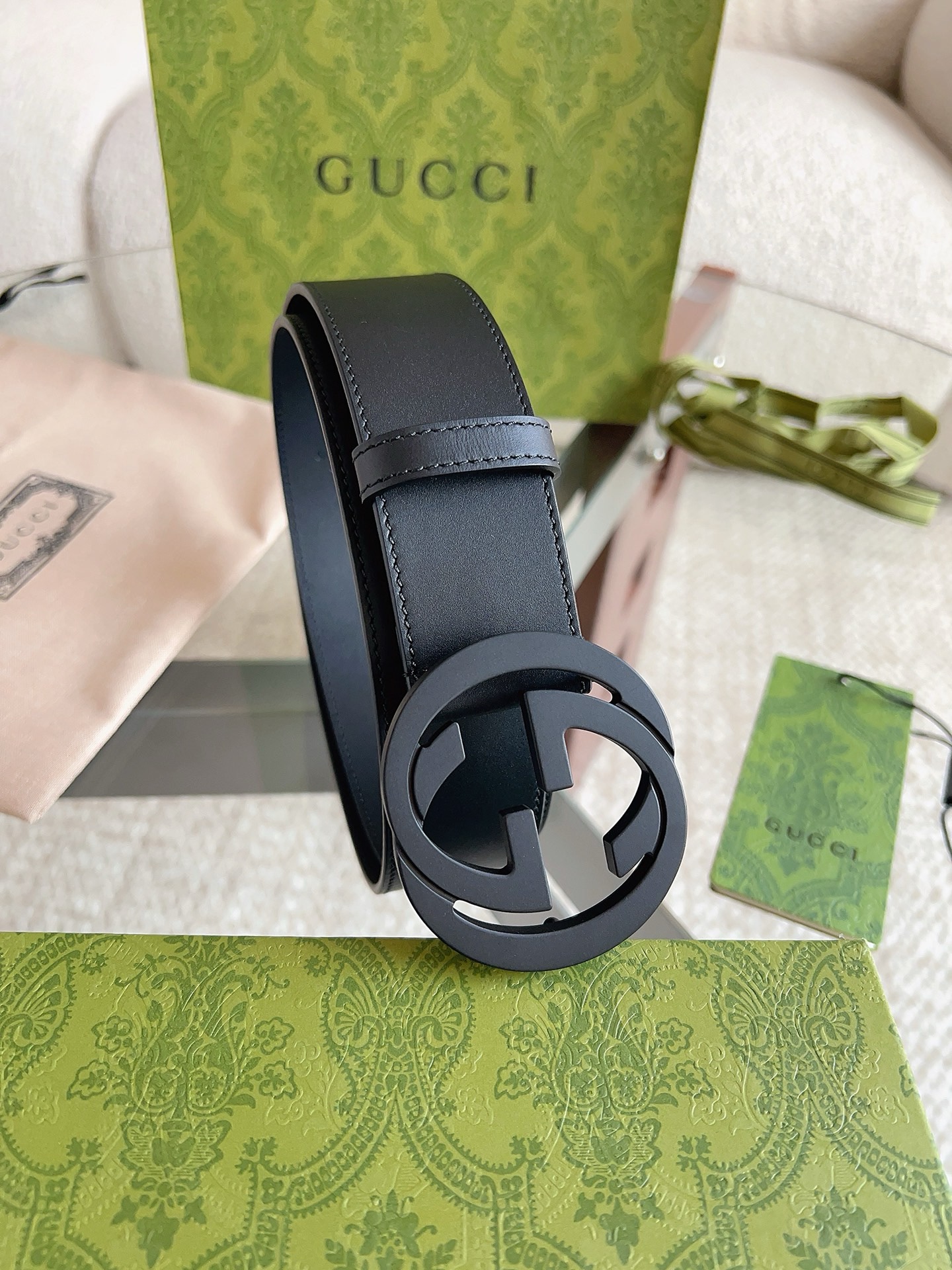 Ремень мужской Gucci GG Marmont синего цвета матовой пряжкой