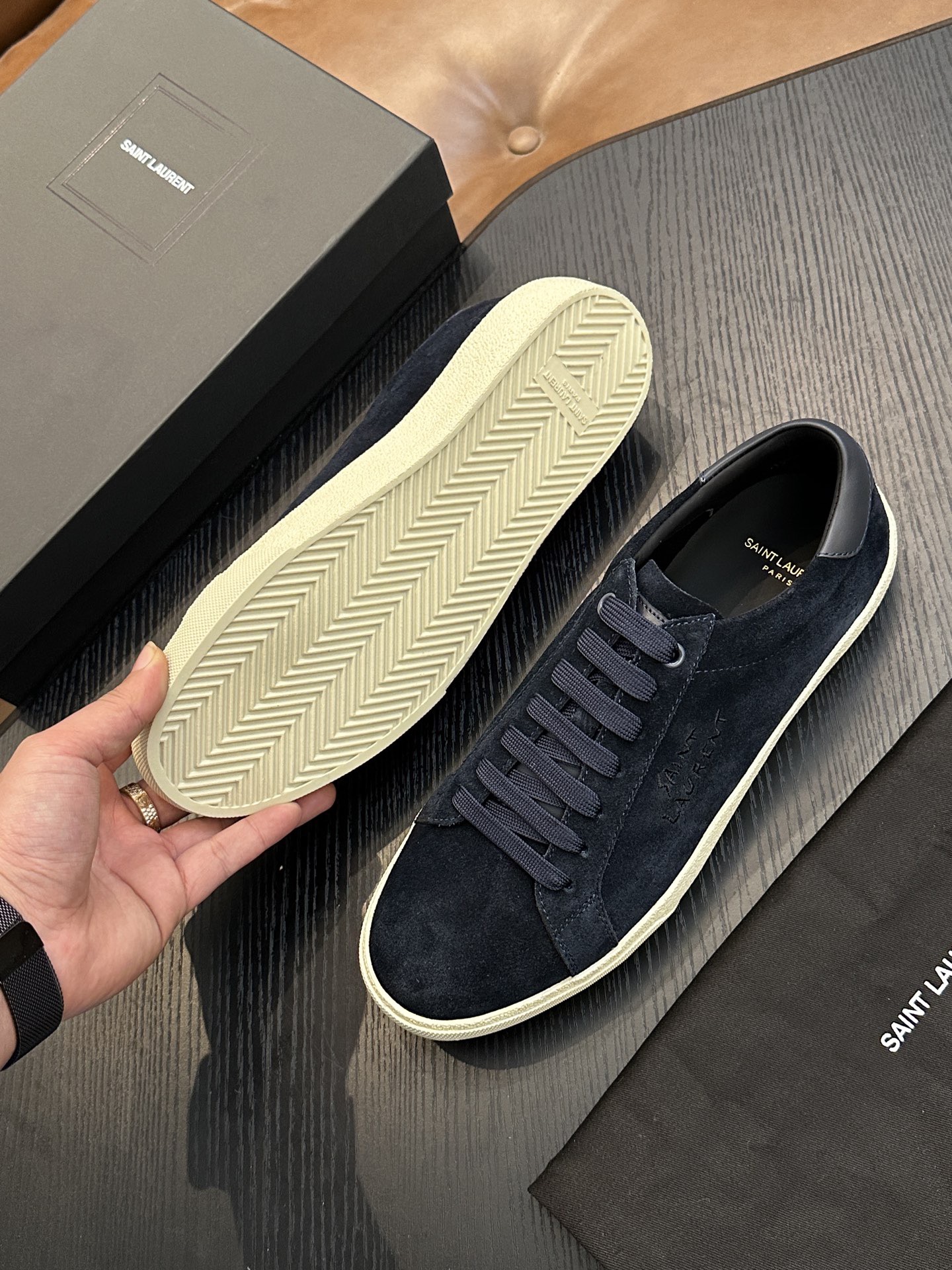 Кроссовки мужские в стиле Saint Laurent SL/61 из натуральной замши темно-синего цвета