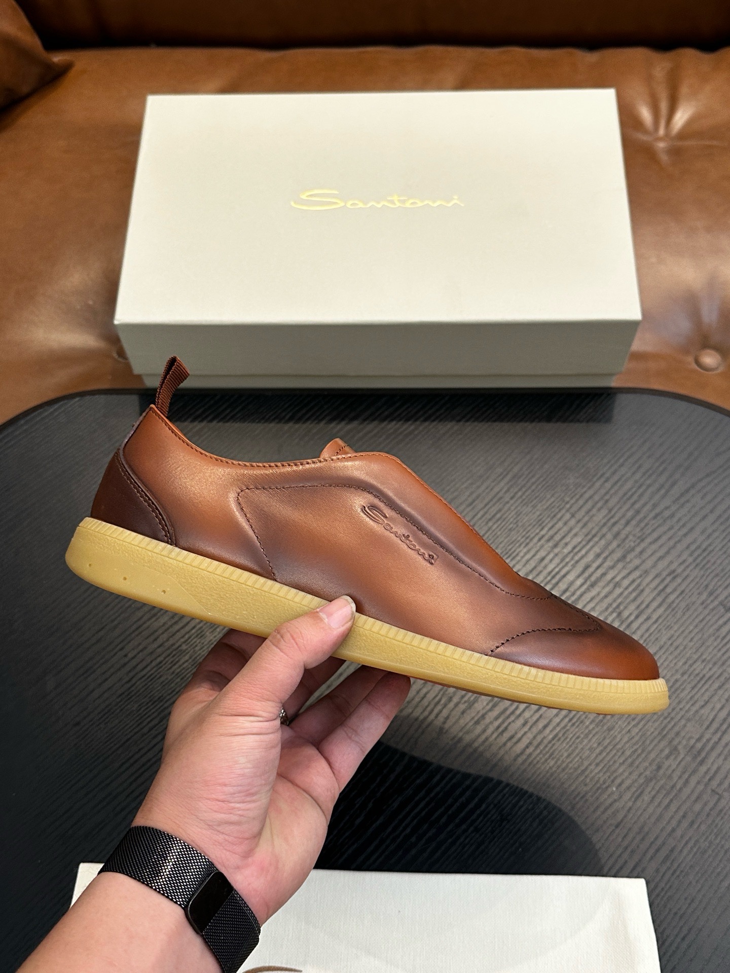 Кеды мужские в стиле Santoni из натуральной кожи коричневого цвета