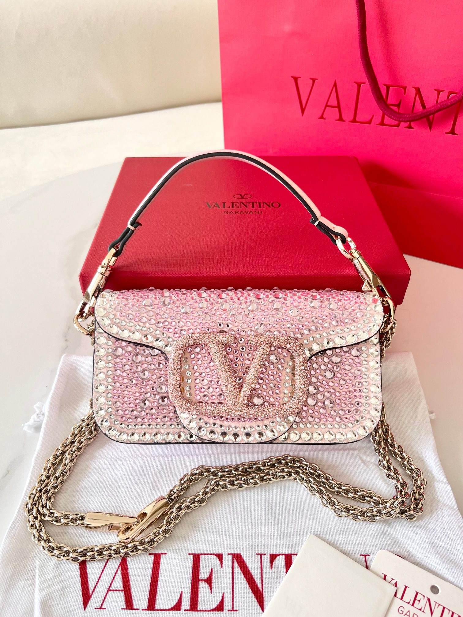 Сумка женская в стиле Valentino Loco со стразами розового цвета