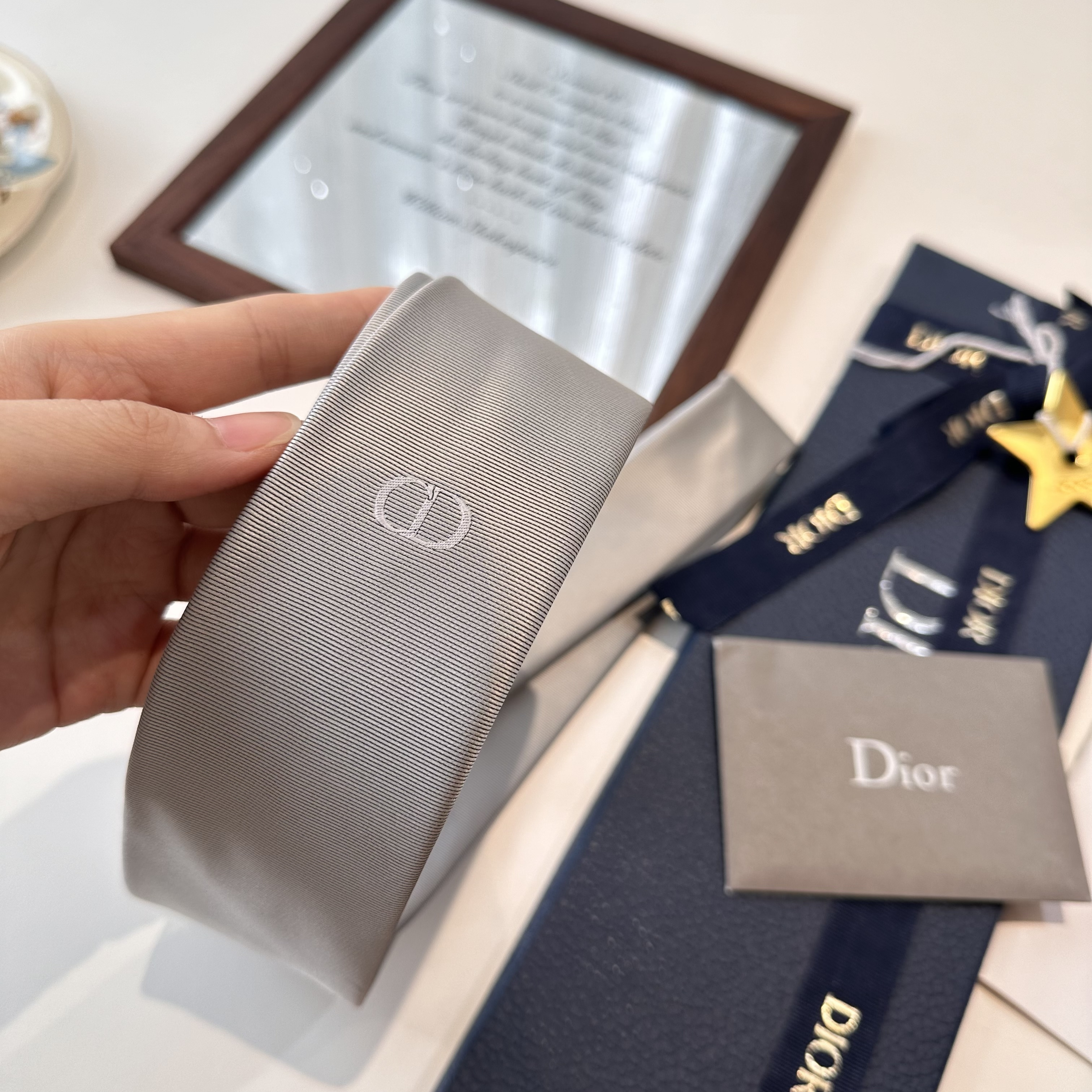 Галстук мужской в стиле Dior серого цвета с вышивкой логотипа