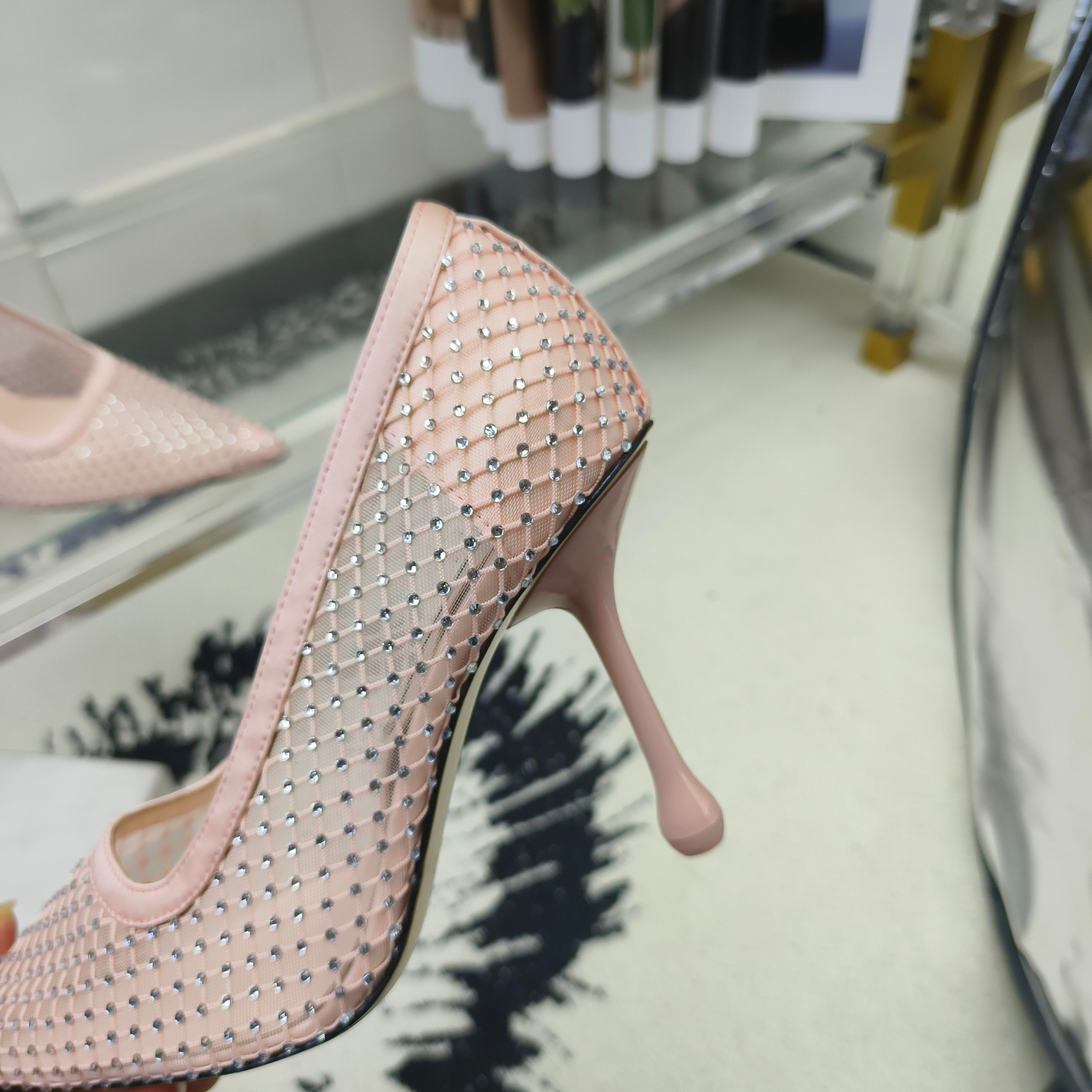 Туфли женские в стиле Jimmy Choo из текстиля с кристаллами розового цвета