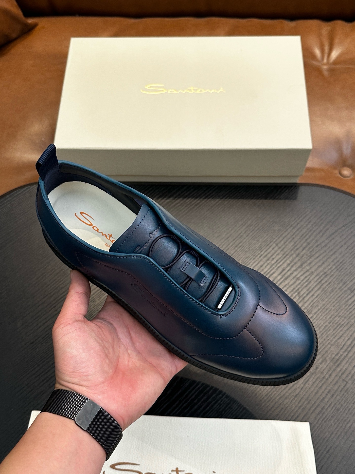 Кеды мужские в стиле Santoni из натуральной кожи темно-синего цвета