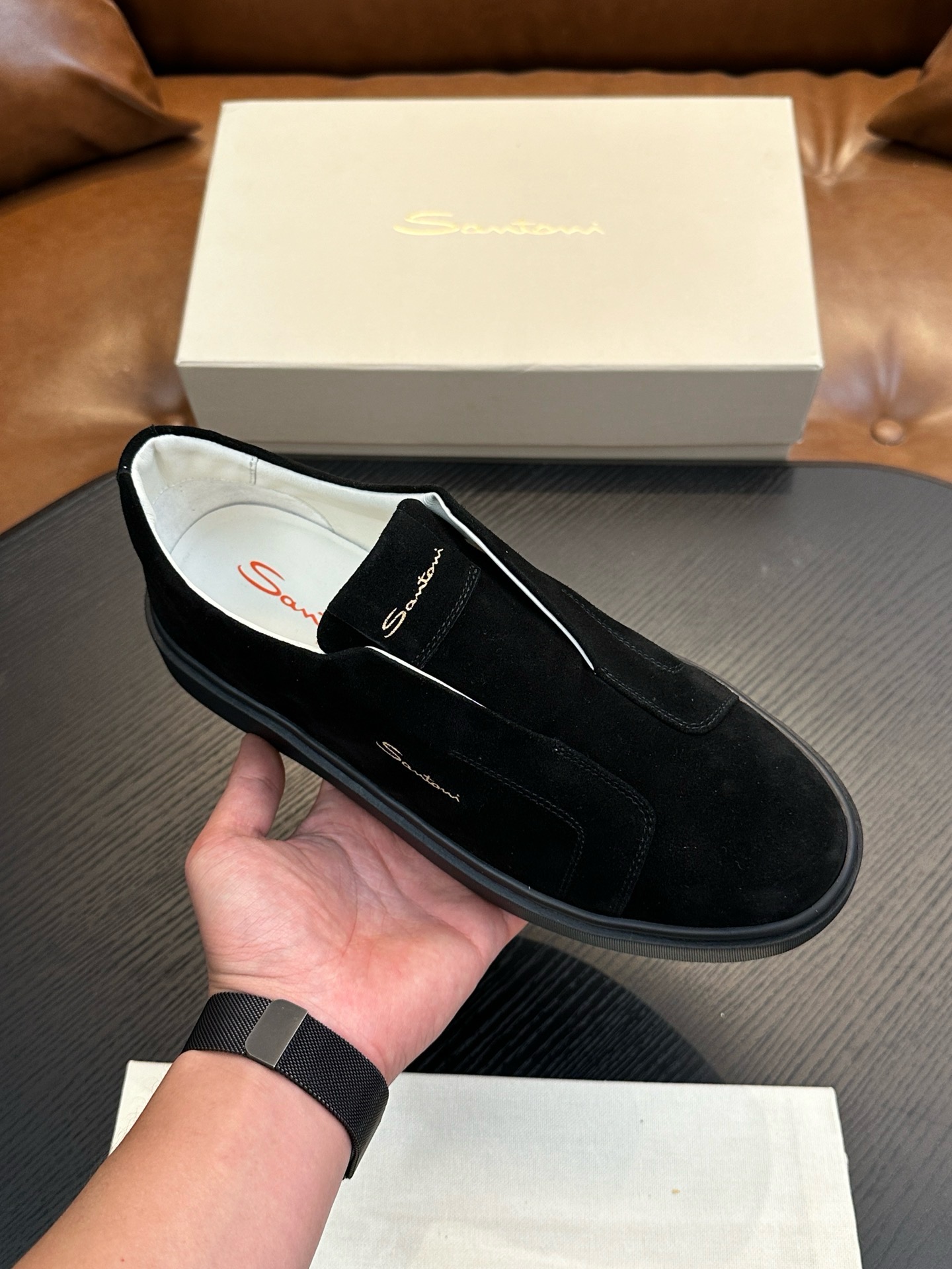 Слипоны мужские в стиле Santoni чёрного цвета