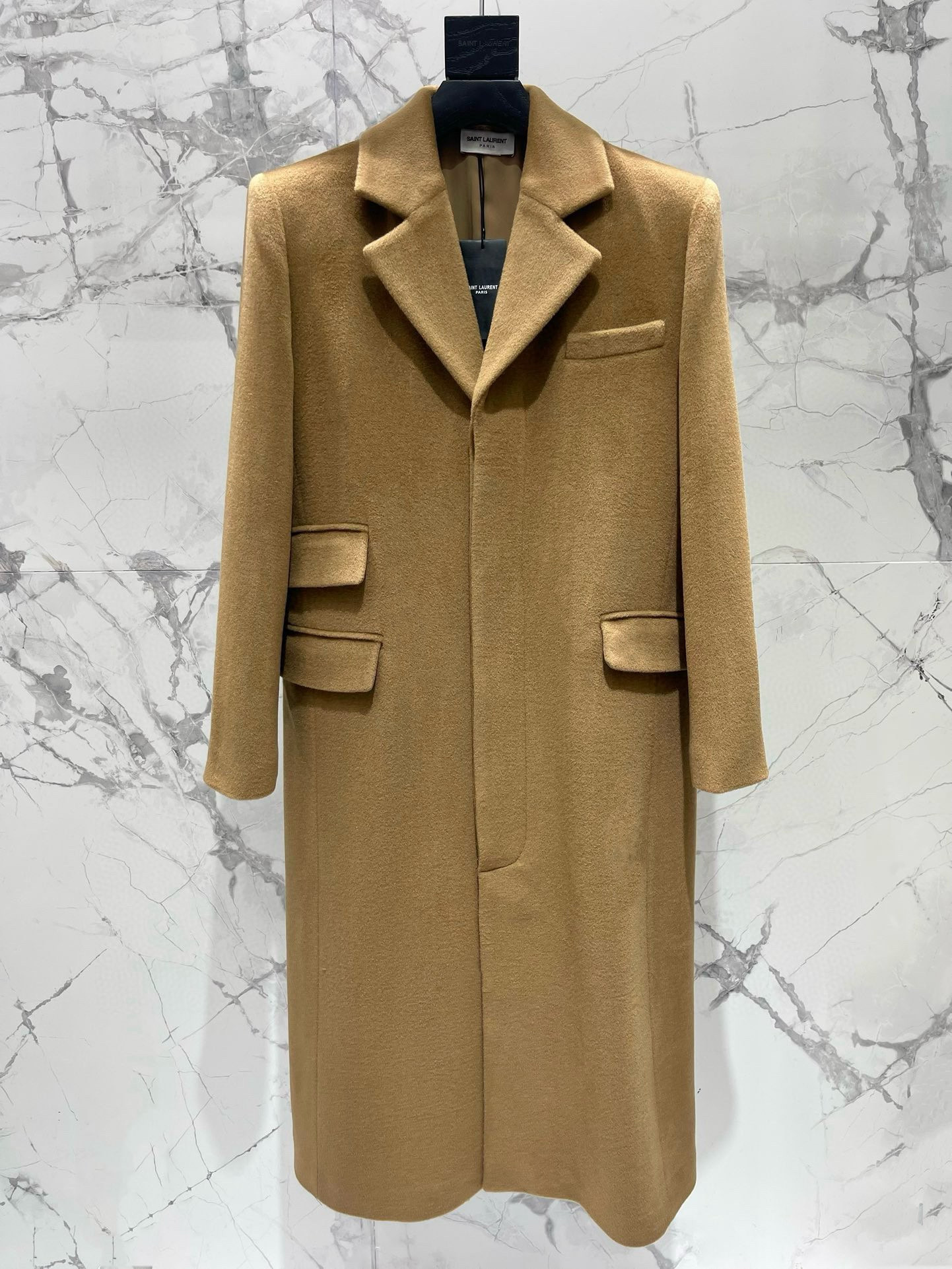 Пальто женское в стиле Saint Laurent из шерсти и кашемира в кофейно-бежевом цвете