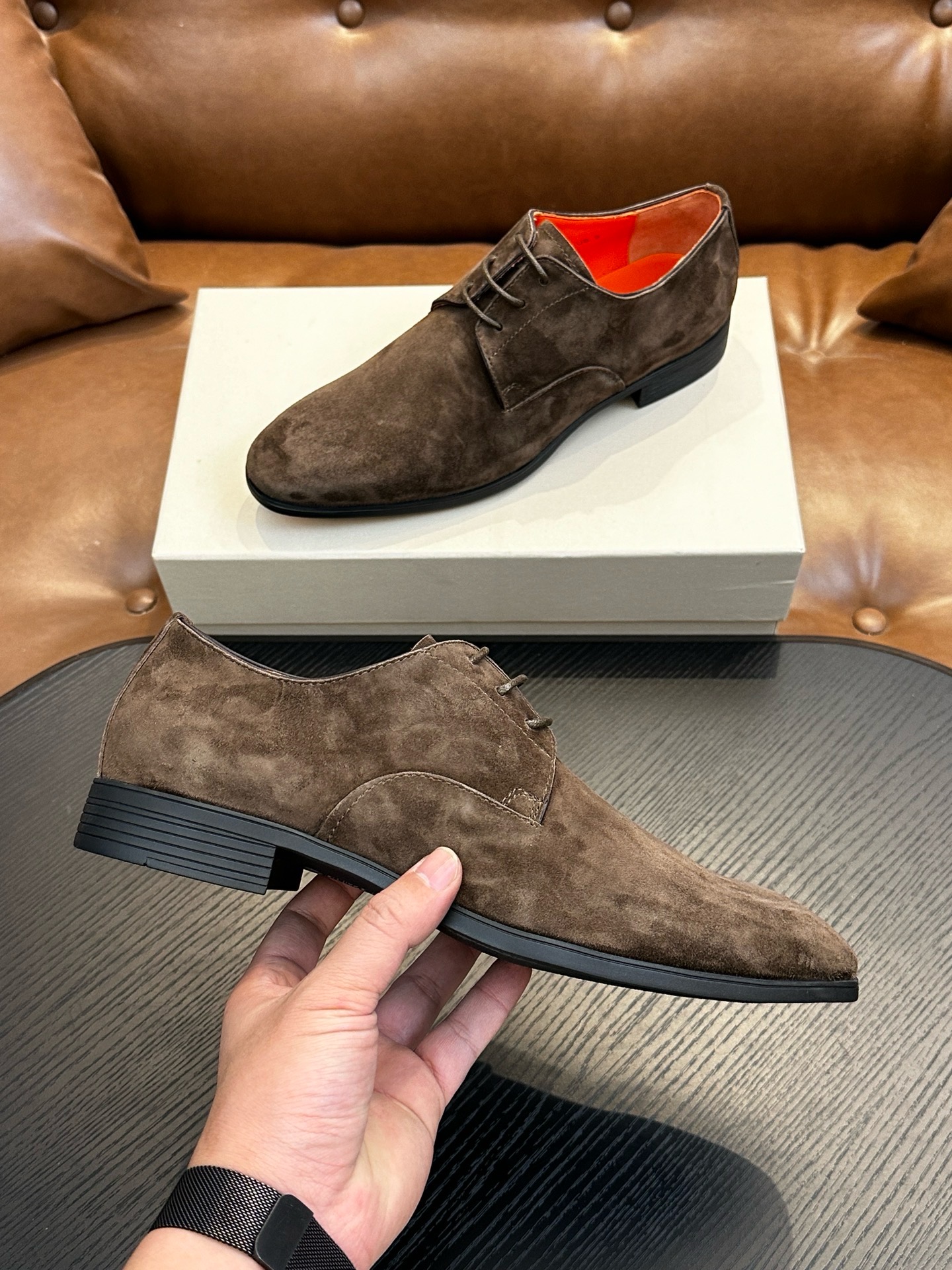 Дерби мужские в стиле Santoni серо-коричневого цвета