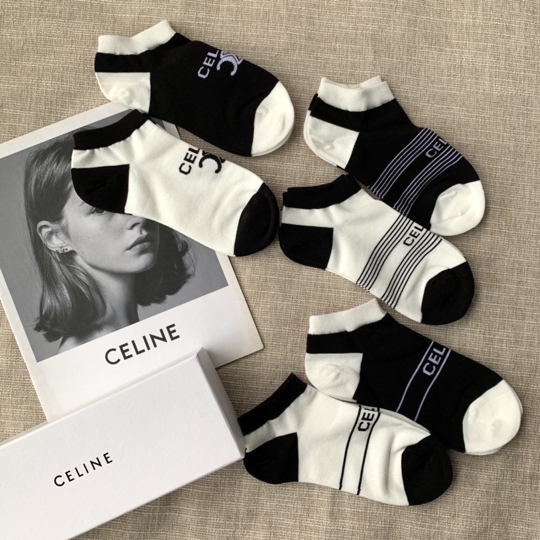 Носки женские в стиле Celine короткие хлопковые с логотипом (набор 6 пар)