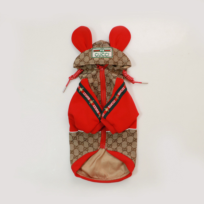 Куртка-дождевик для собак в стиле Gucci Bee Monogram с капюшоном и ушками