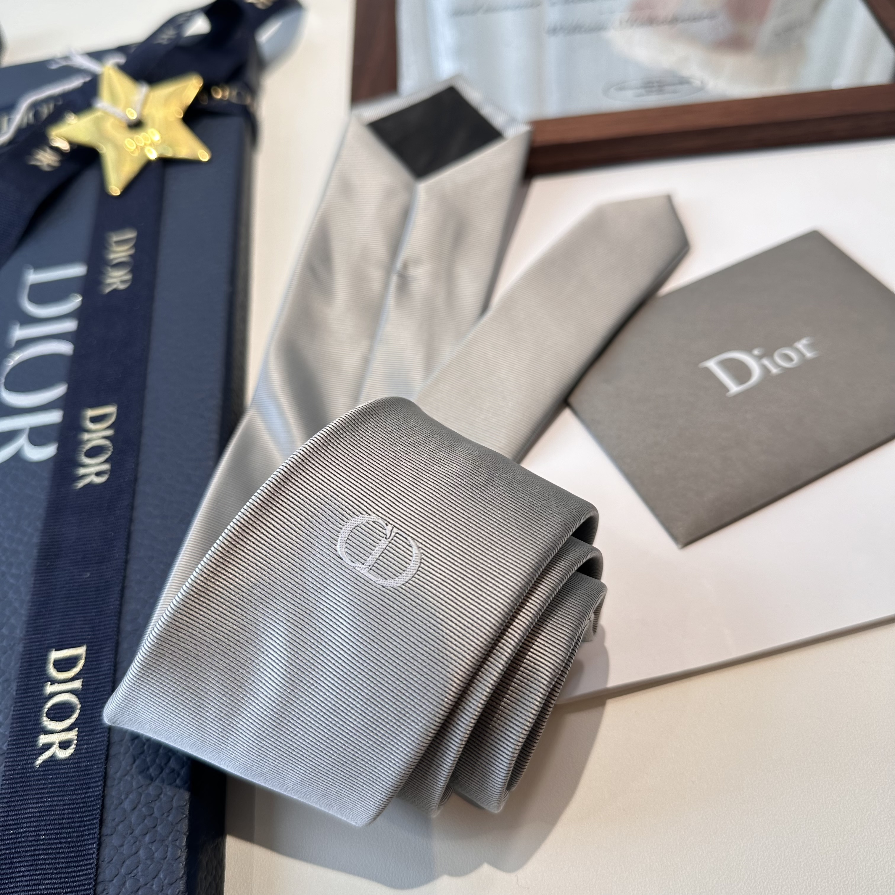 Галстук мужской в стиле Dior серого цвета с вышивкой логотипа