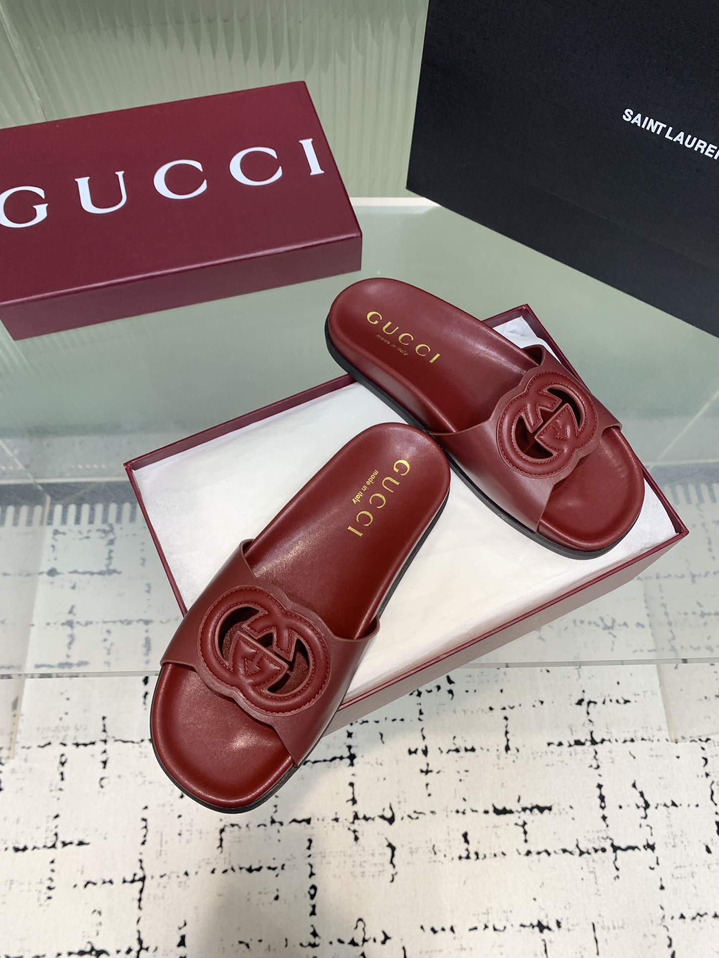 Мюли женские в стиле Gucci GG бордового цвета
