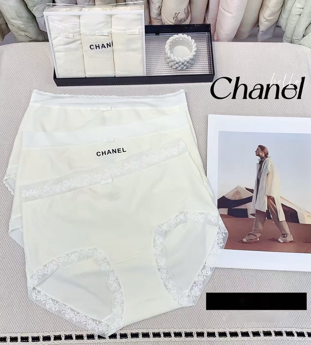 Трусы женские Chanel из хлопка и эластана с кружевной отделкой (набор 3 шт.)