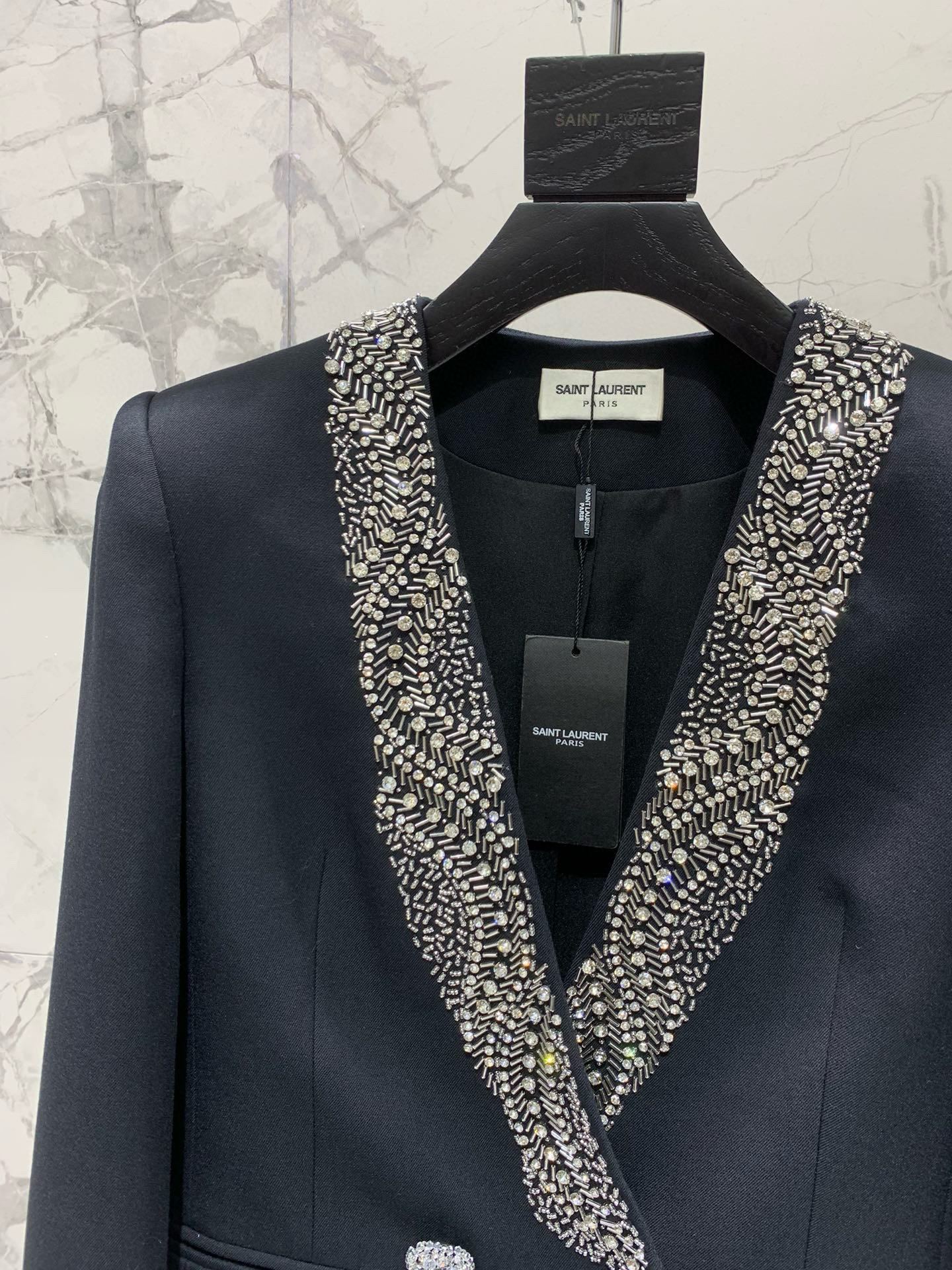 Жакет женский в стиле Saint Laurent с V-образным вырезом и ручной вышивкой кристаллами