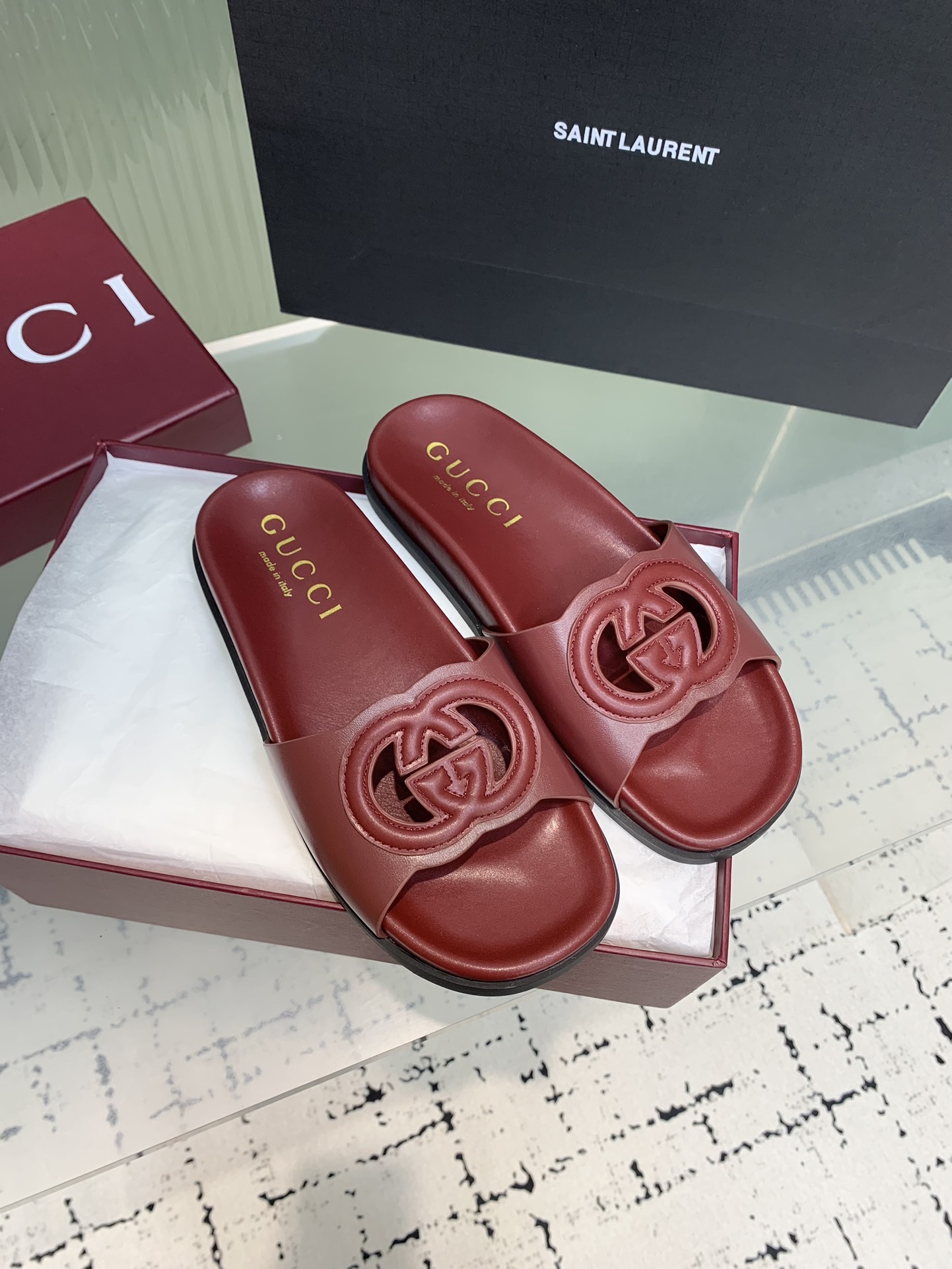 Мюли женские в стиле Gucci GG бордового цвета