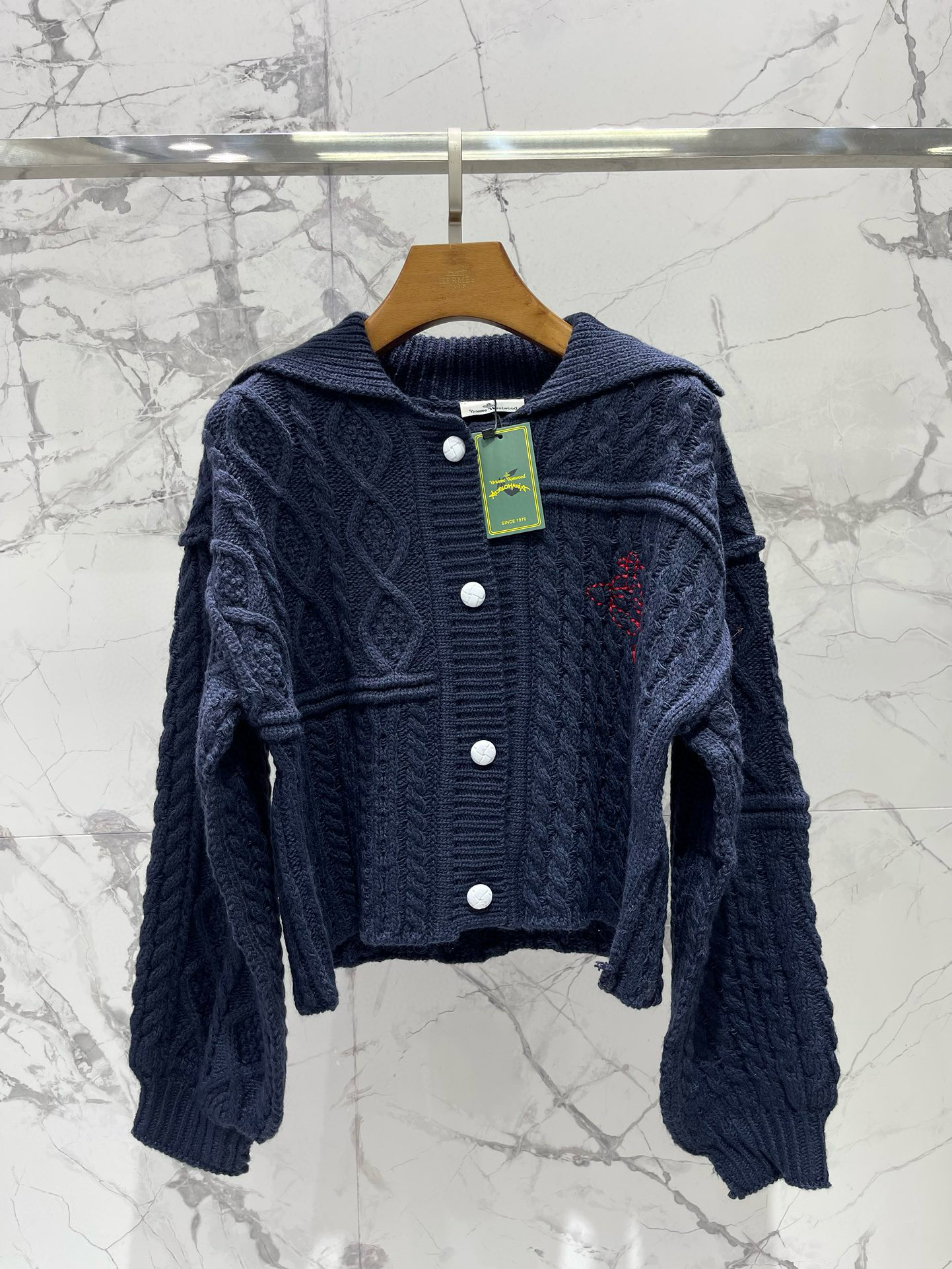 Жакет женский в стиле Vivienne Westwood из вязаного трикотажа с вышивкой звезды, тёмно-синий