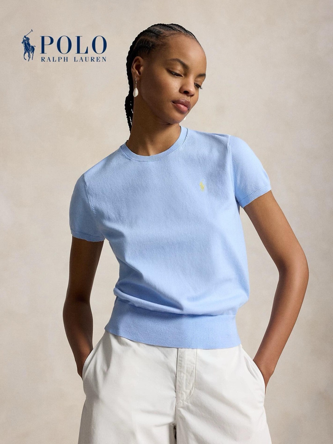 Футболка женская Ralph Lauren в голубом, белом, тёмно-коричневом, сером и чёрном цветах с вышитым логотипом